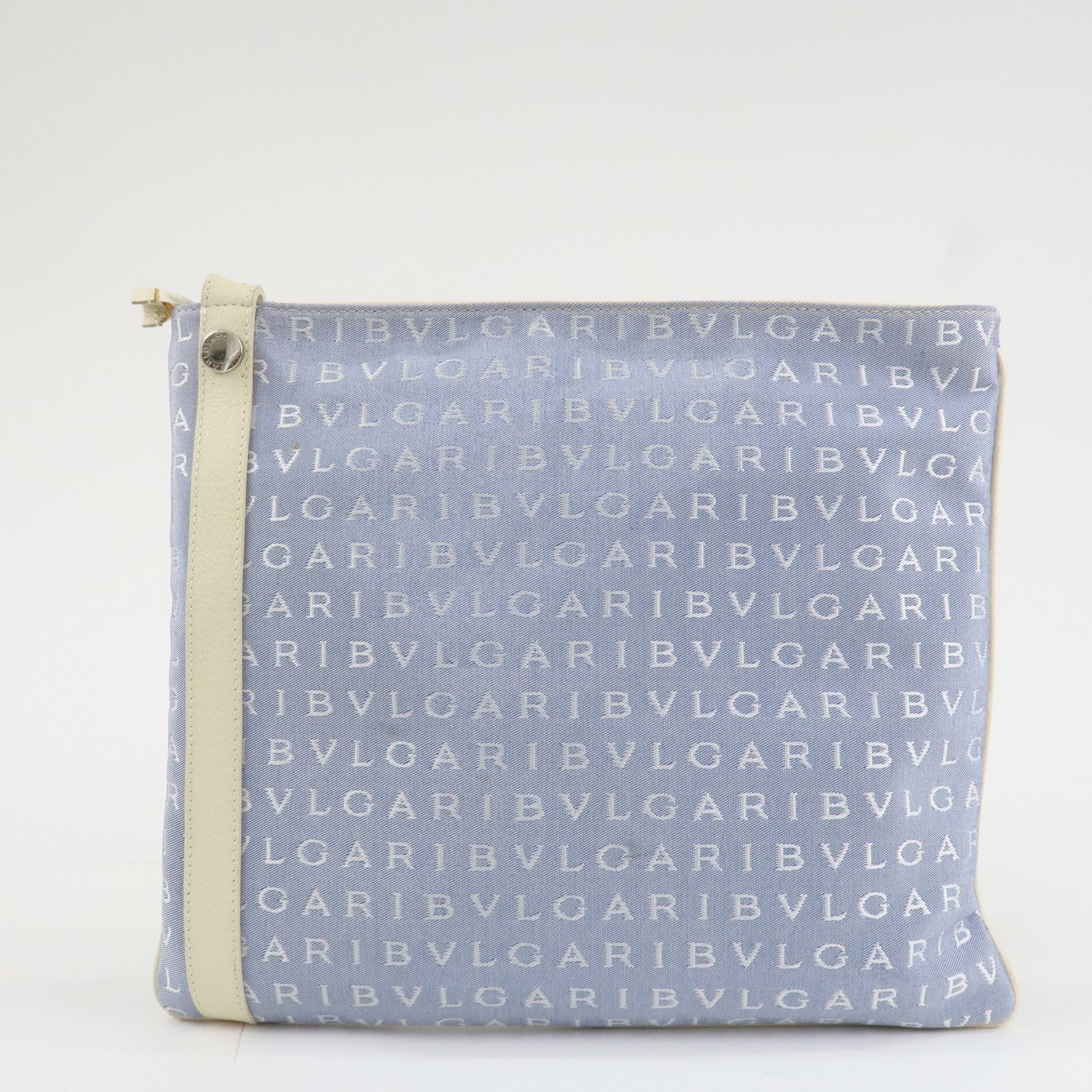 BVLGARI Logo Mania Leather Canvas Shoulder Bag Ivory Light Blue Used