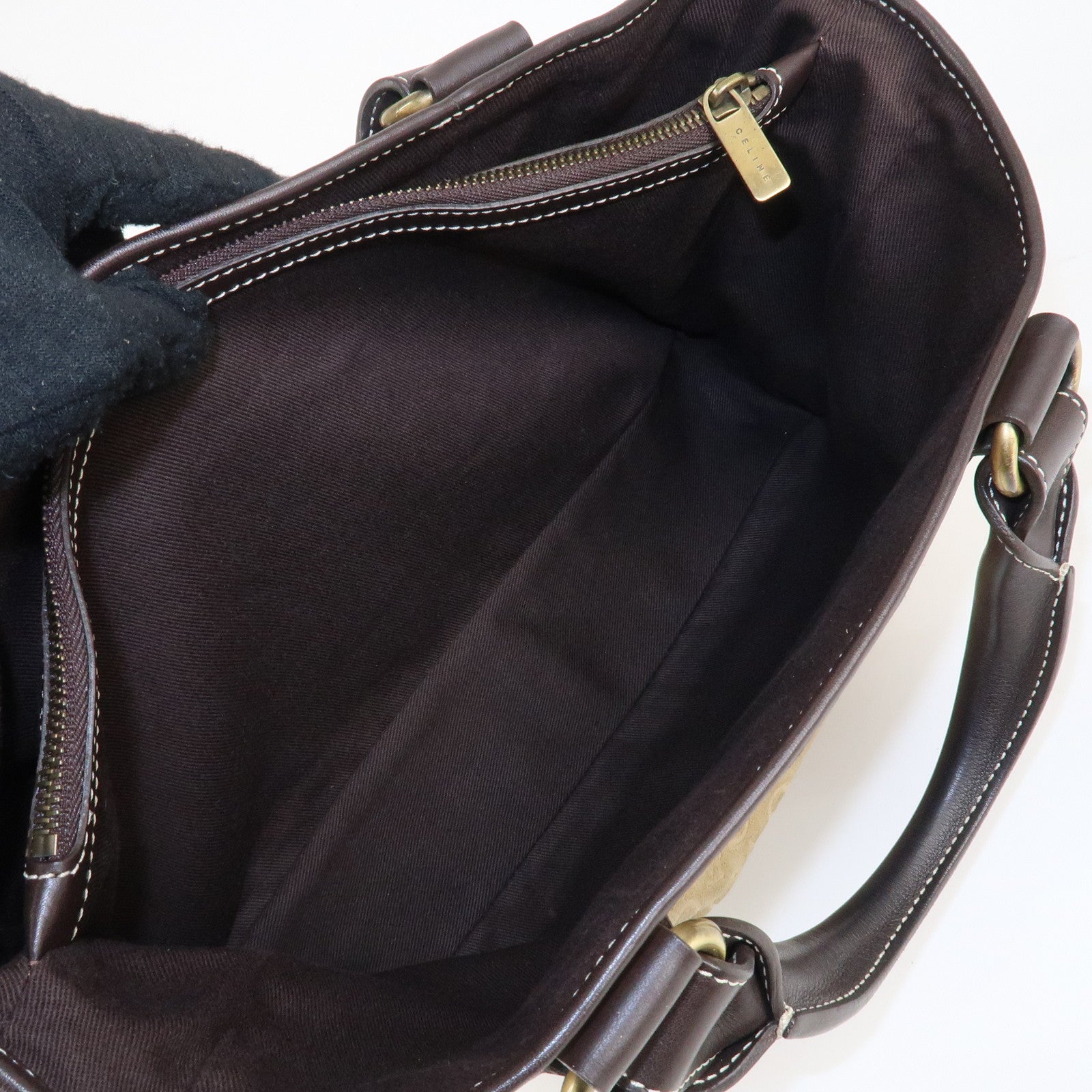 CELINE C Macadam Suede Boogie Bag Hand Bag Tote Bag Beige Dark Brown Used