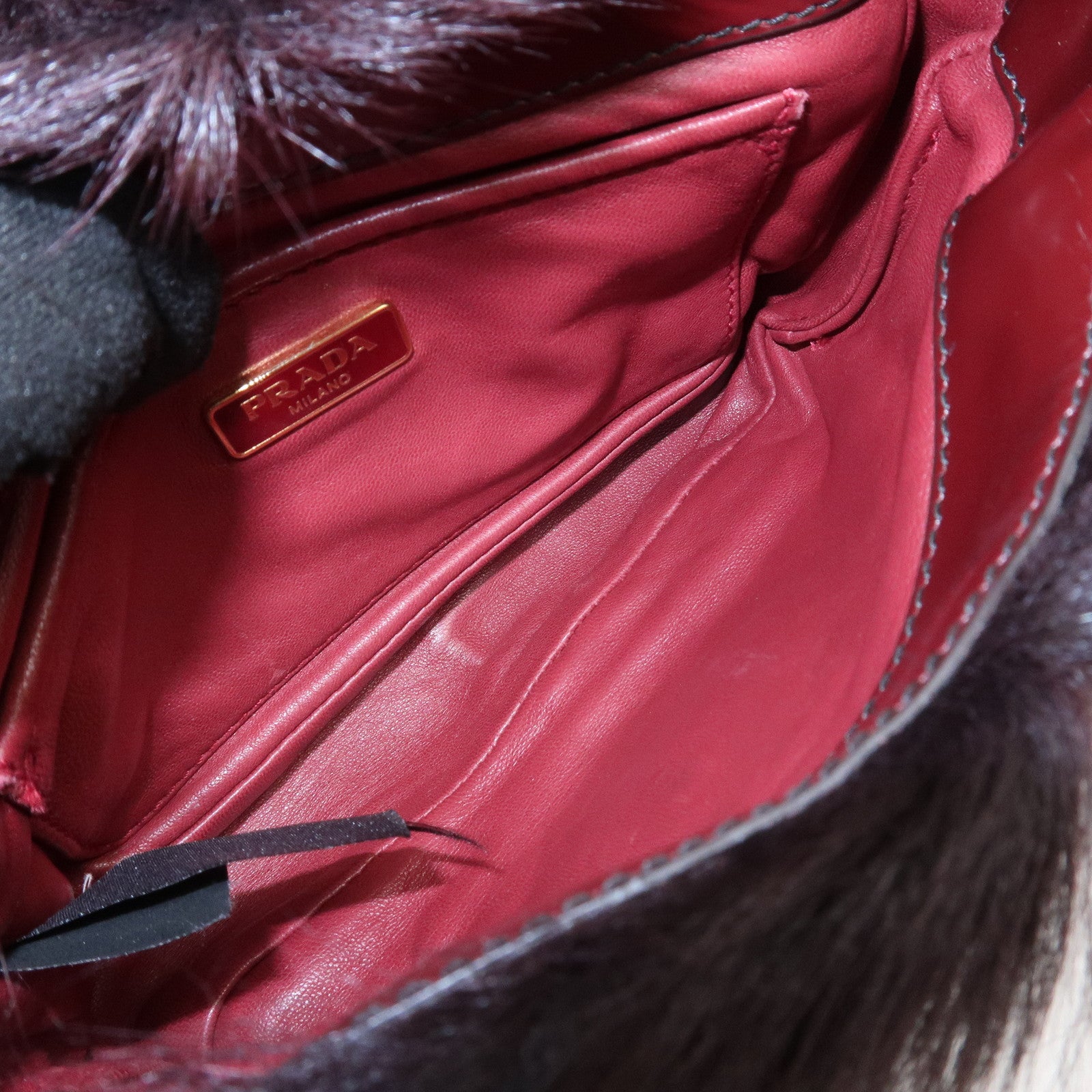 PRADA Leather Fur Chain Shoulder Bag Crossbody Bag Brown BP0368