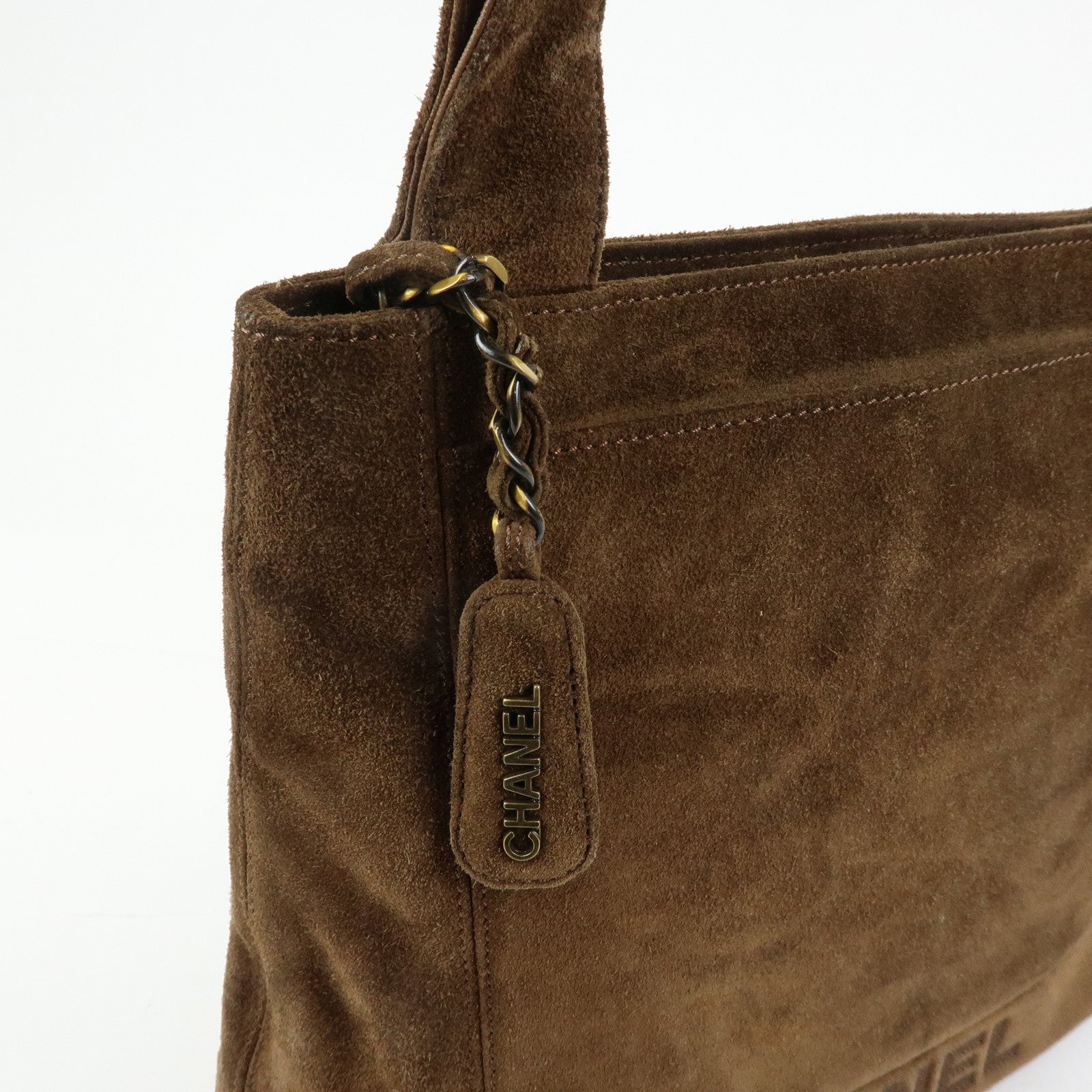 CHANEL Logo Suede Tote Bag Shoulder Bag Brown