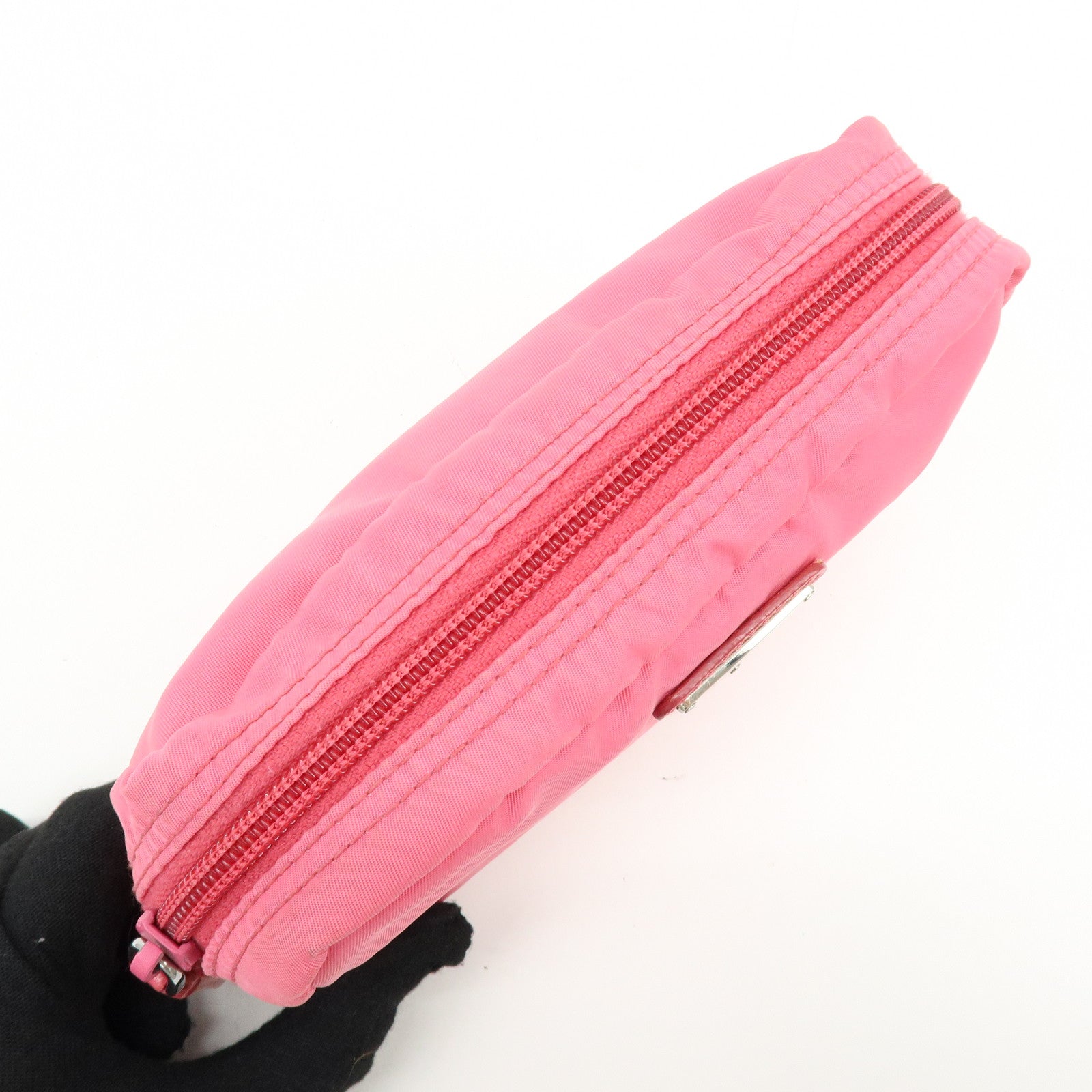 PRADA Triangle Logo Nylon Leather Cosmetic Pouch Pink 1NA021