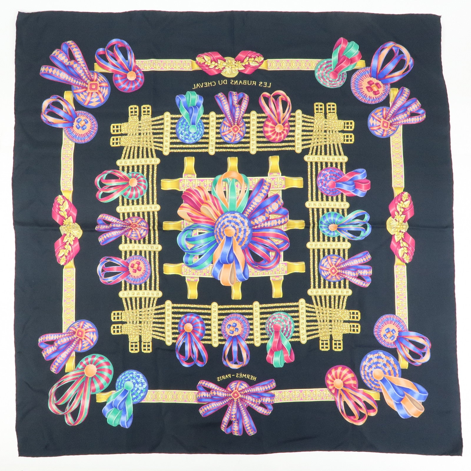 HERMES Carre 90 Silk 100% LES RUBANS DU CHEVAL Scarf Black Yellow