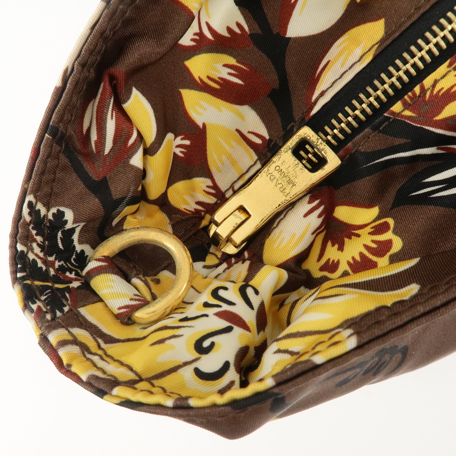 PRADA Triangle Logo Nylon Leather 2Way Bag Shoulder Bag Hand Bag Floral Print Brown Yellow BN2741 Used