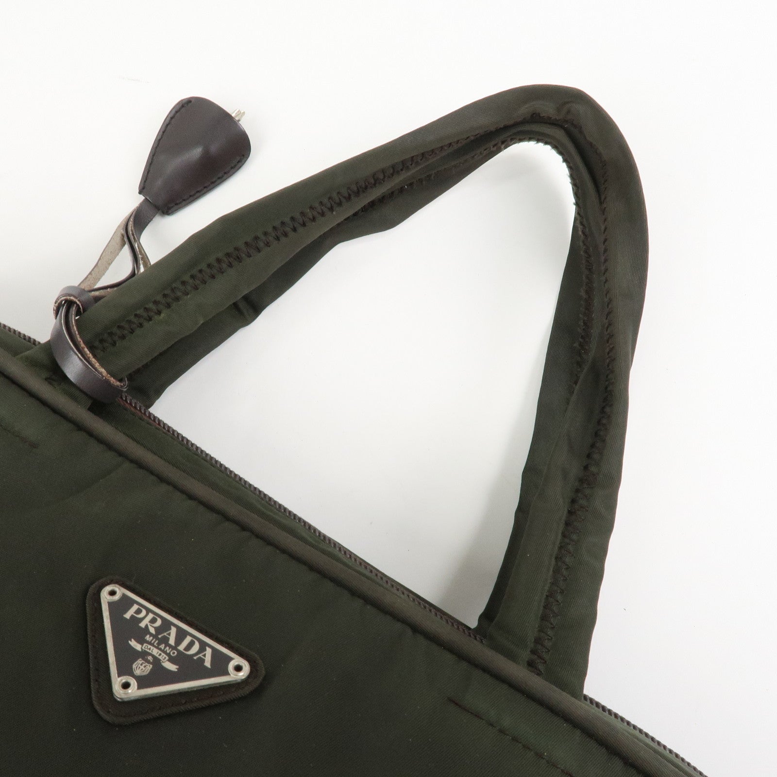 PRADA Triangle Logo Nylon Brief Case Tote Bag Khaki B8493