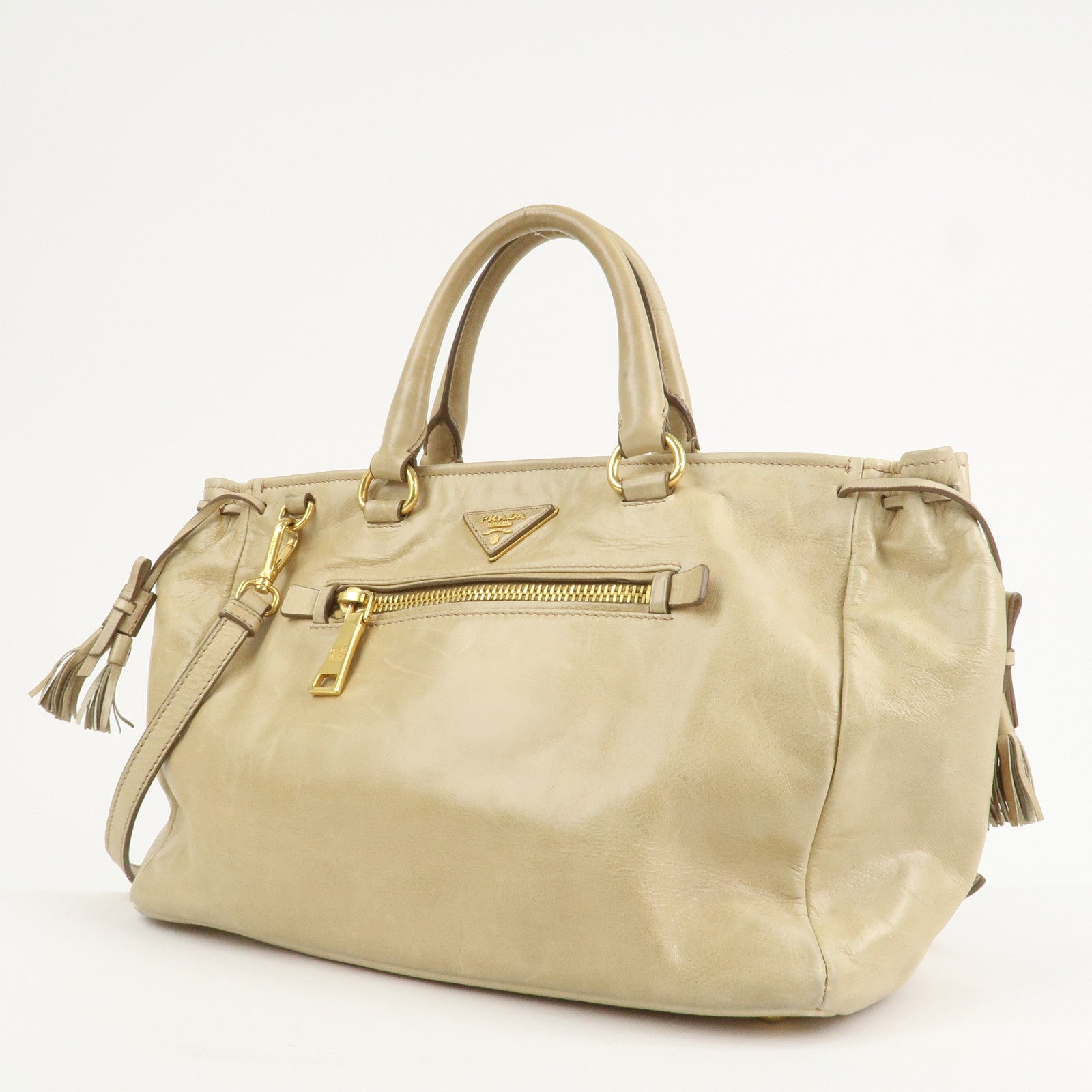 PRADA Triangle Logo VITELLOSHINE Leather 2Way Bag Beige BN1921