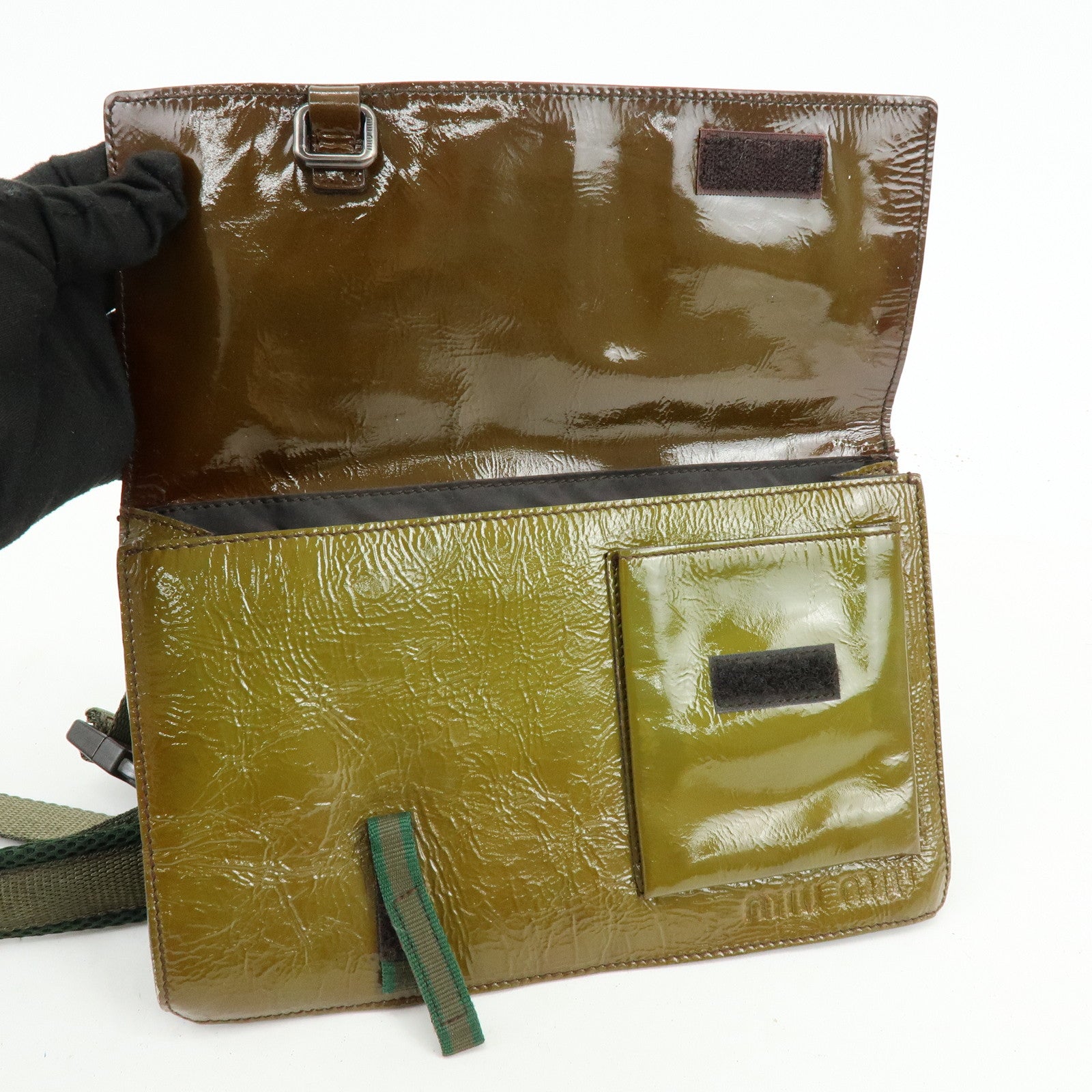 MIU MIU Patent Leather Nylon Shoulder Bag Khaki Brown