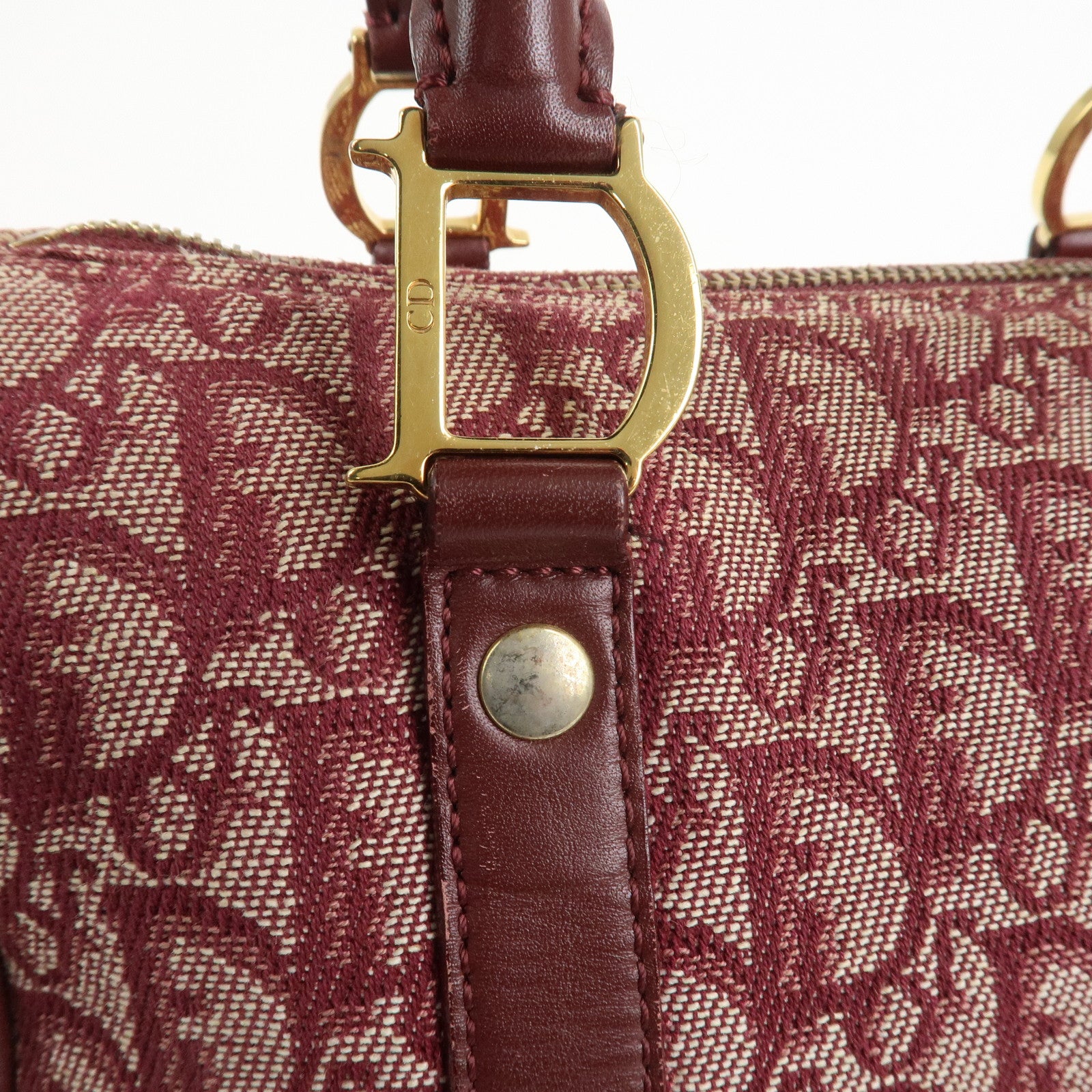 Christian Dior Trotter Jacguard Canvas Leather Boston Hand Bag Red