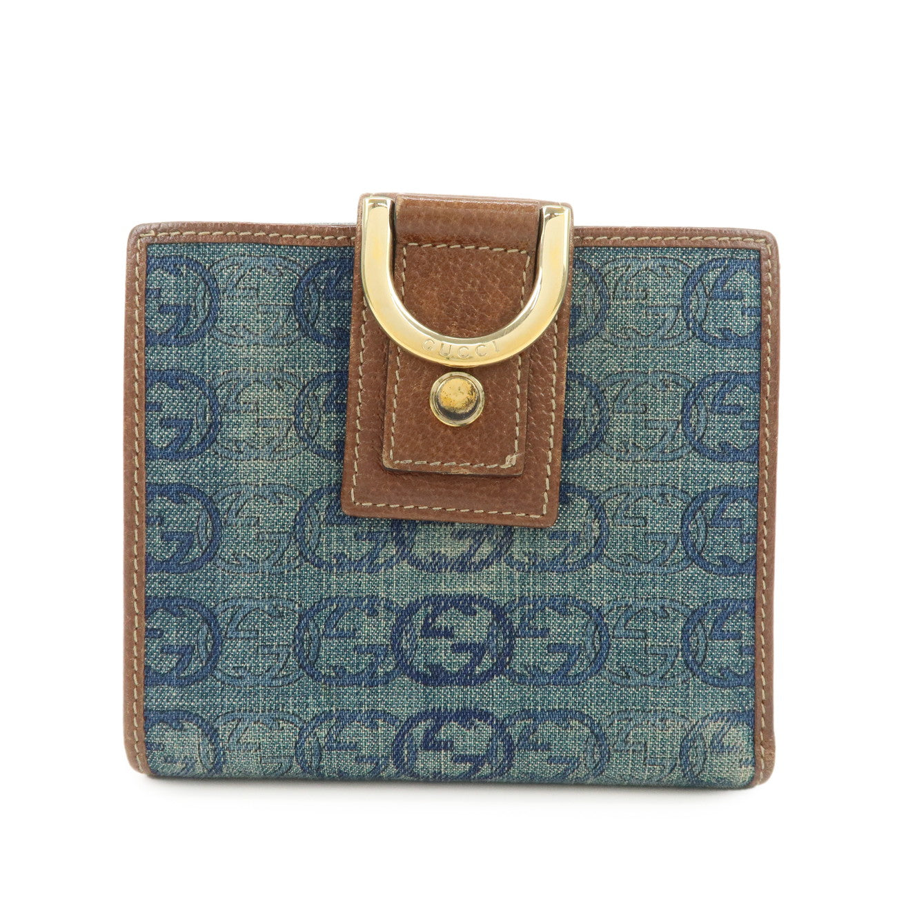 GUCCI Denim Leather Bi-Fold Compact Wallet Blue Brown