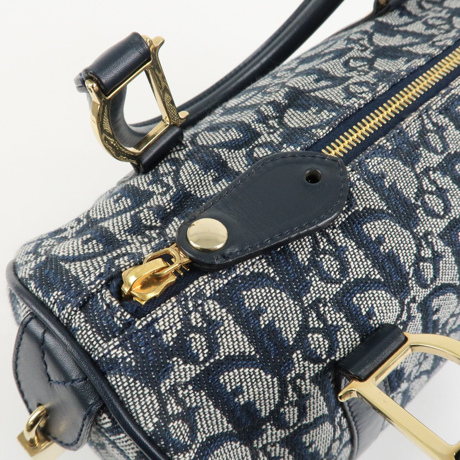 Christian Dior Trotter Leather Canvas Boston Bag Navy White Used