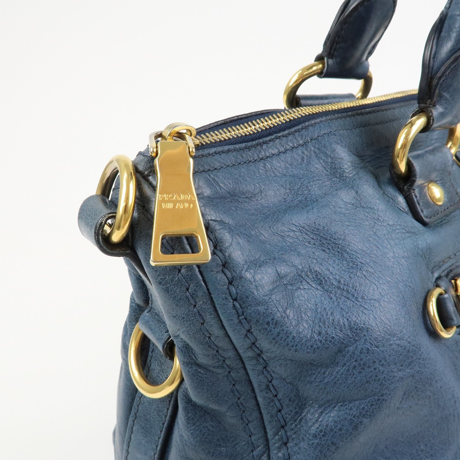 PRADA Logo Leather 2Way Bag Shoulder Bag Hand Bag Blue BL0678