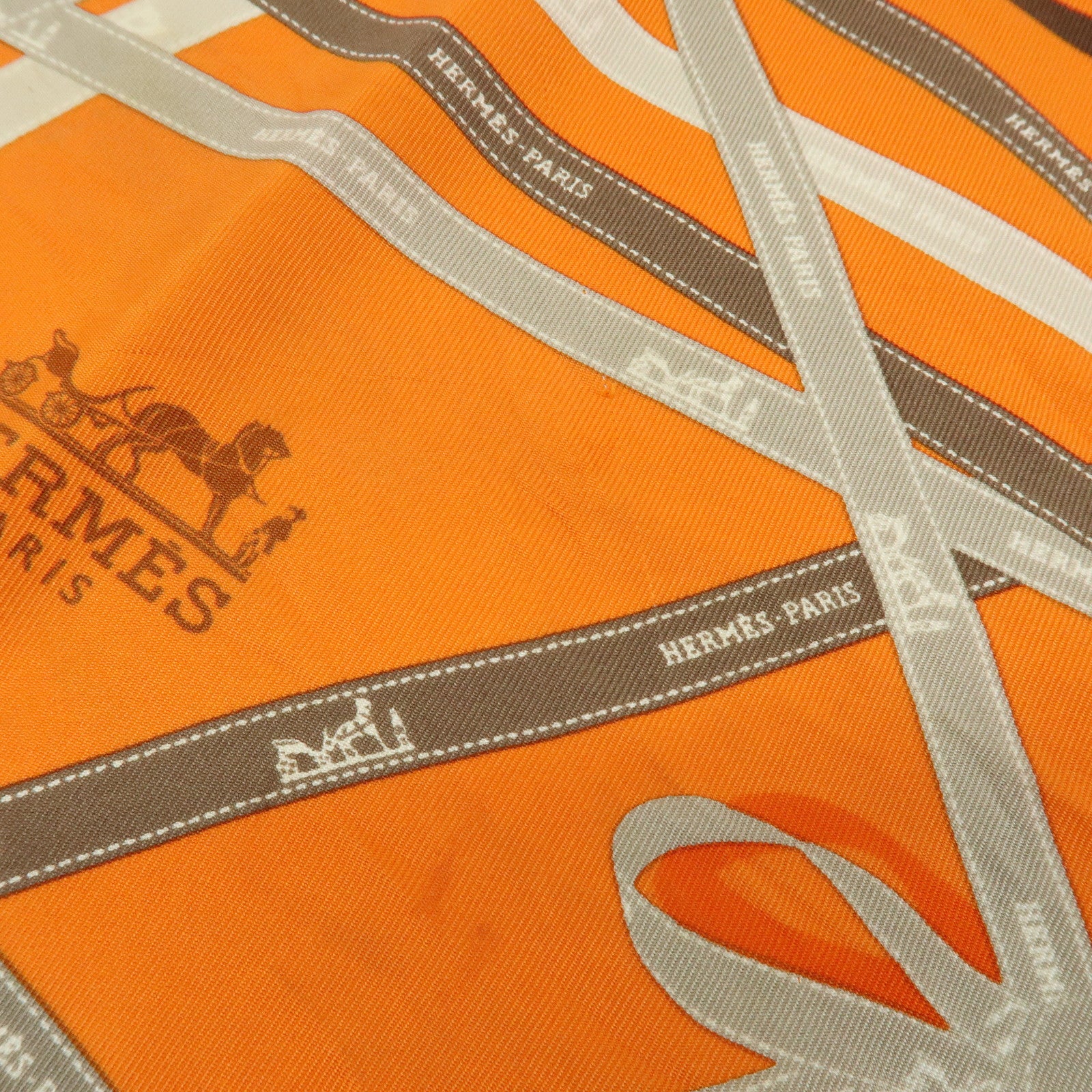 HERMES Pointu Set of 2 Silk 100% Scarf Ribbon Print Orange Beige