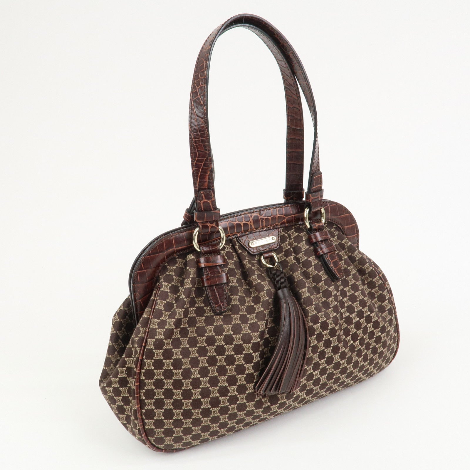 CELINE Macadam Canvas Embossed Leather Shoulder Bag Hand Bag Brown