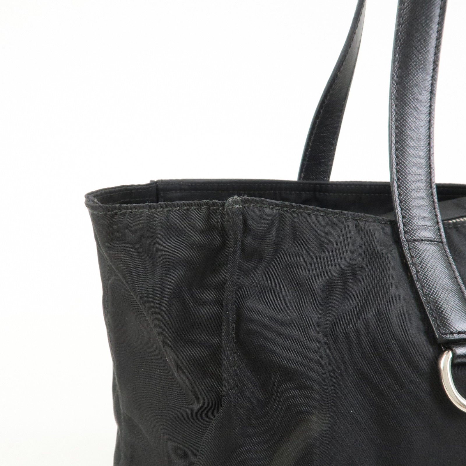 PRADA Triangle Logo Nylon Saffiano Leather Tote Shoulder Bag Black