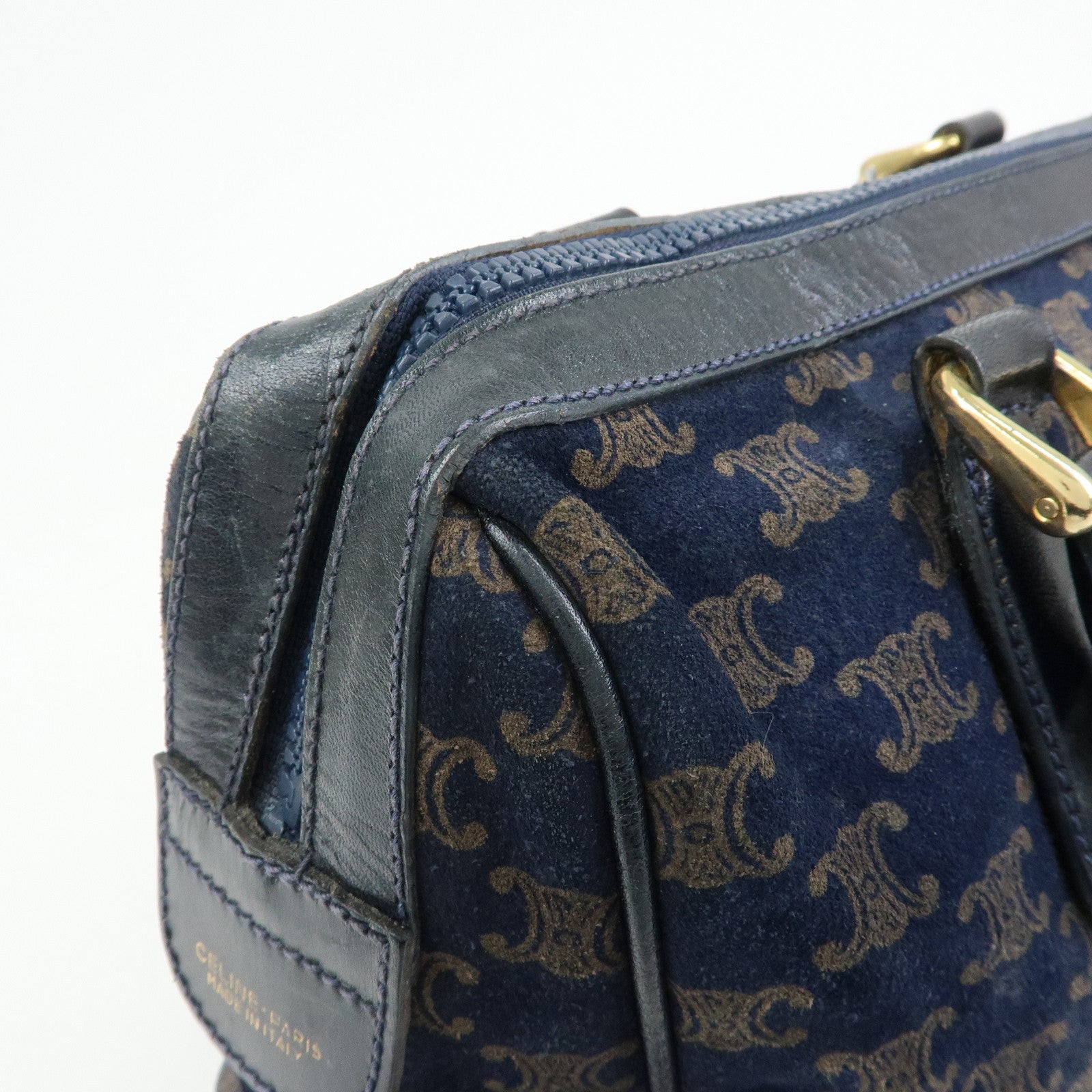 CELINE Macadam Leather Suede Hand Bag Boston Bag Navy