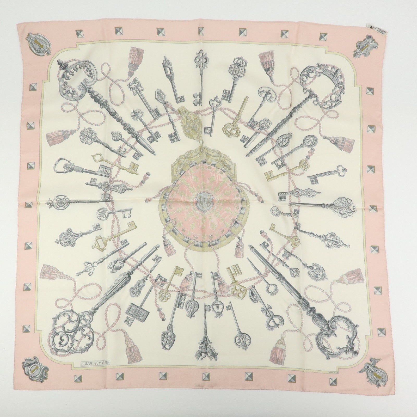 HERMES Carre 90 Silk 100% Scarf LES CLES THE KEYS RARE White Pink