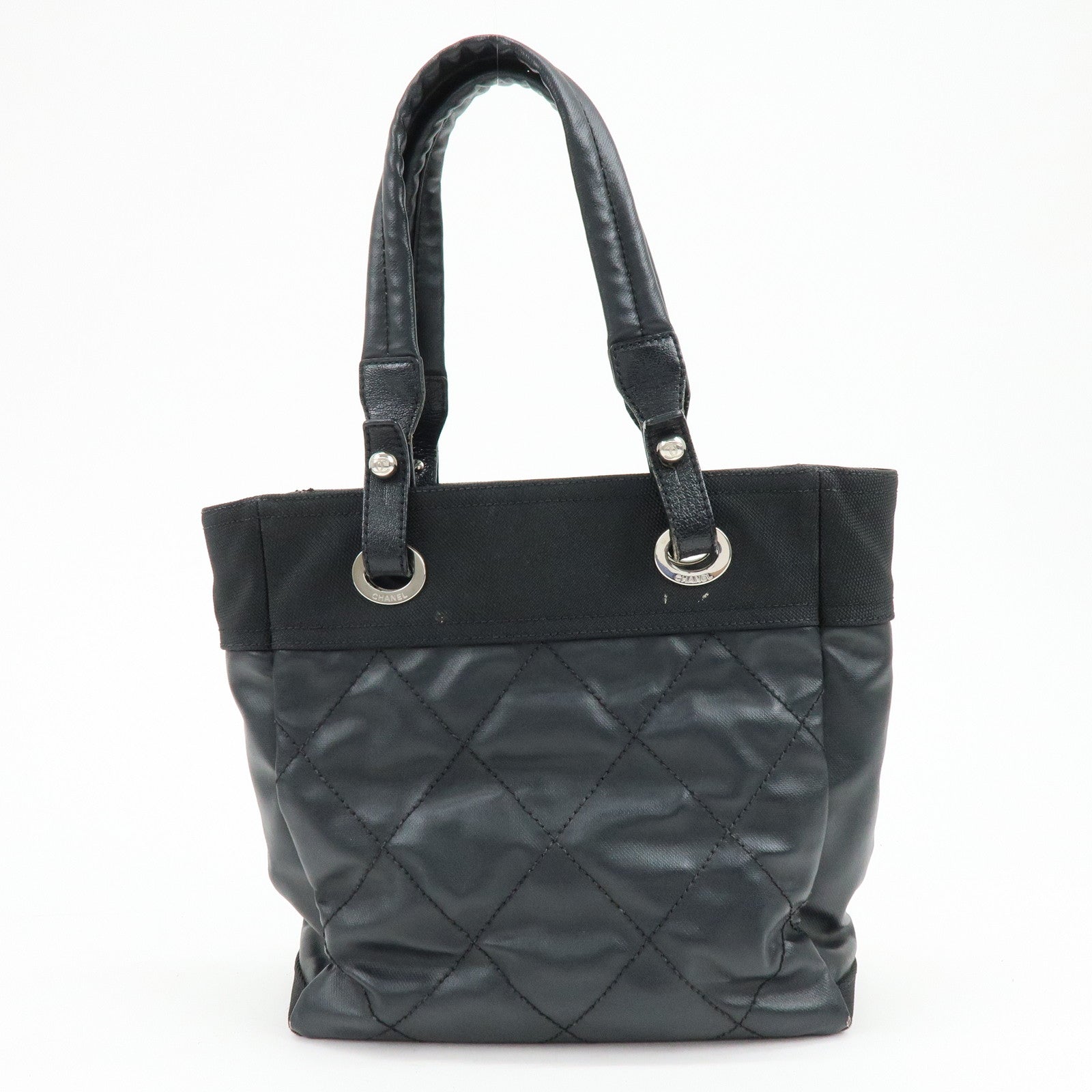 CHANEL Paris Biarritz PM PVC Leather Tote Bag Hand Bag Black A34208