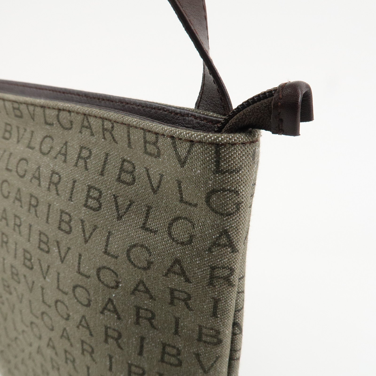 BVLGARI Logo Mania Leather Canvas Shoulder Bag Khaki Dark Brown Used