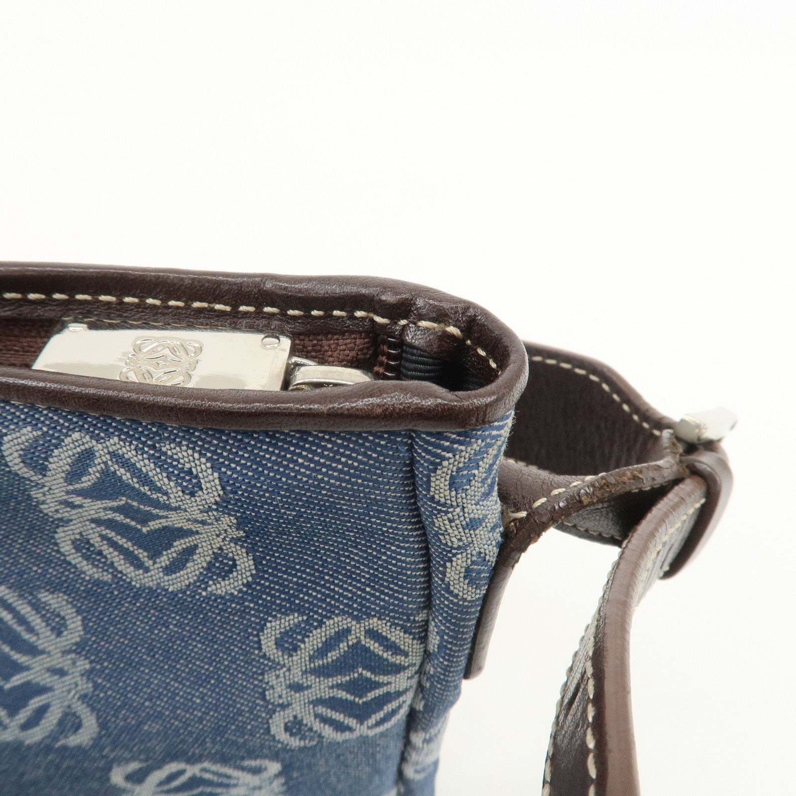 LOEWE Anagram Canvas Leather Shoulder Bag Hand Bag Denim Brown