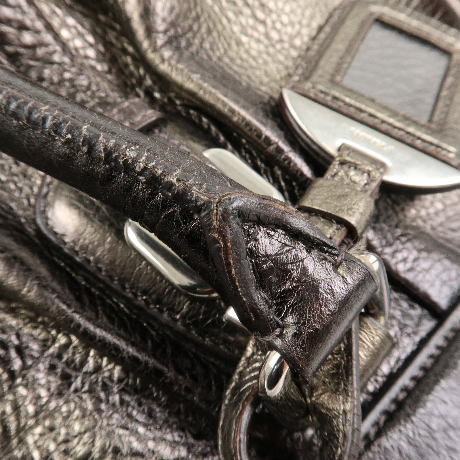 PRADA Logo Leather Shoulder Bag Boston Bag Metallic Gold