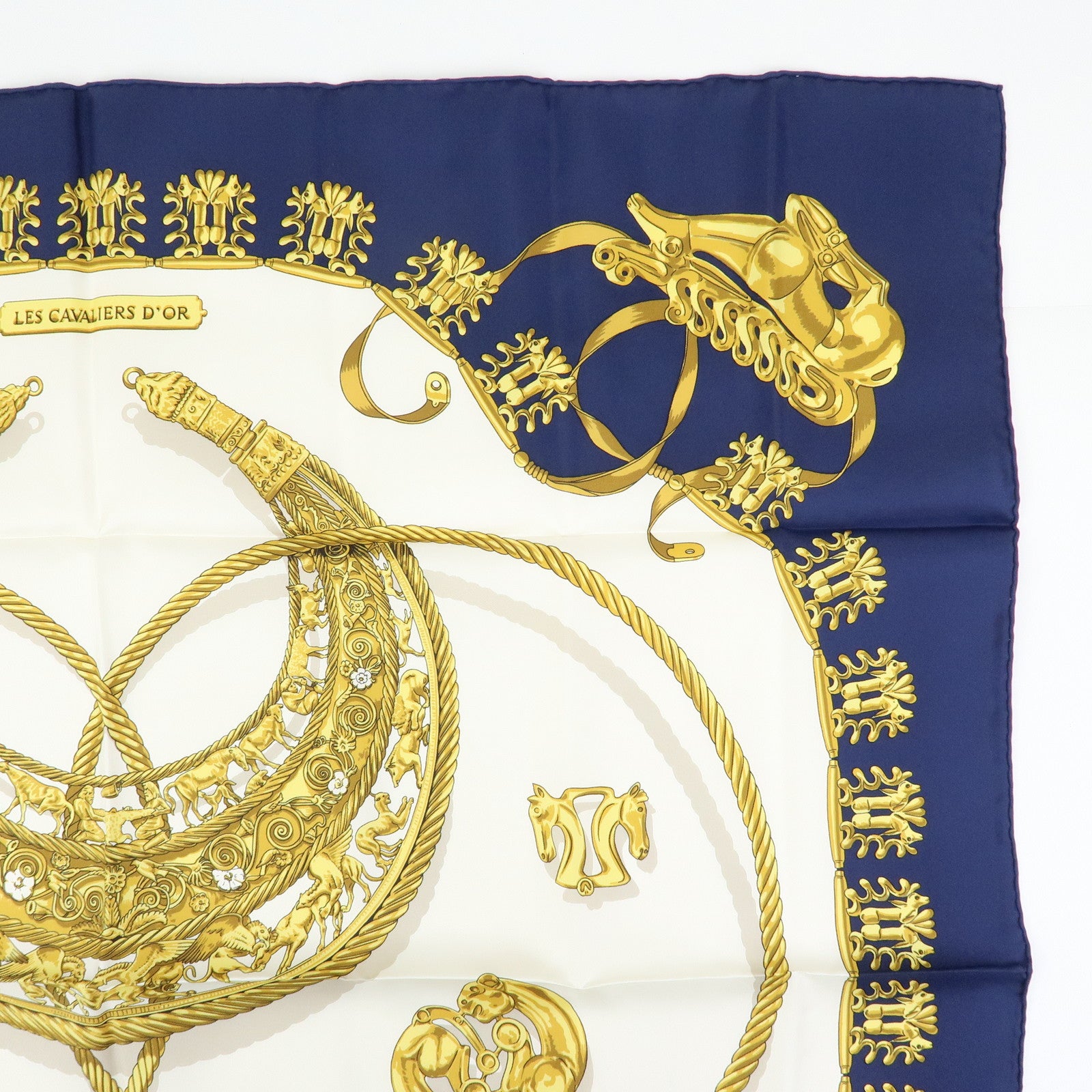 HERMES Carre 90 Silk 100% Scarf LES CAVALIERS D'OR Navy White