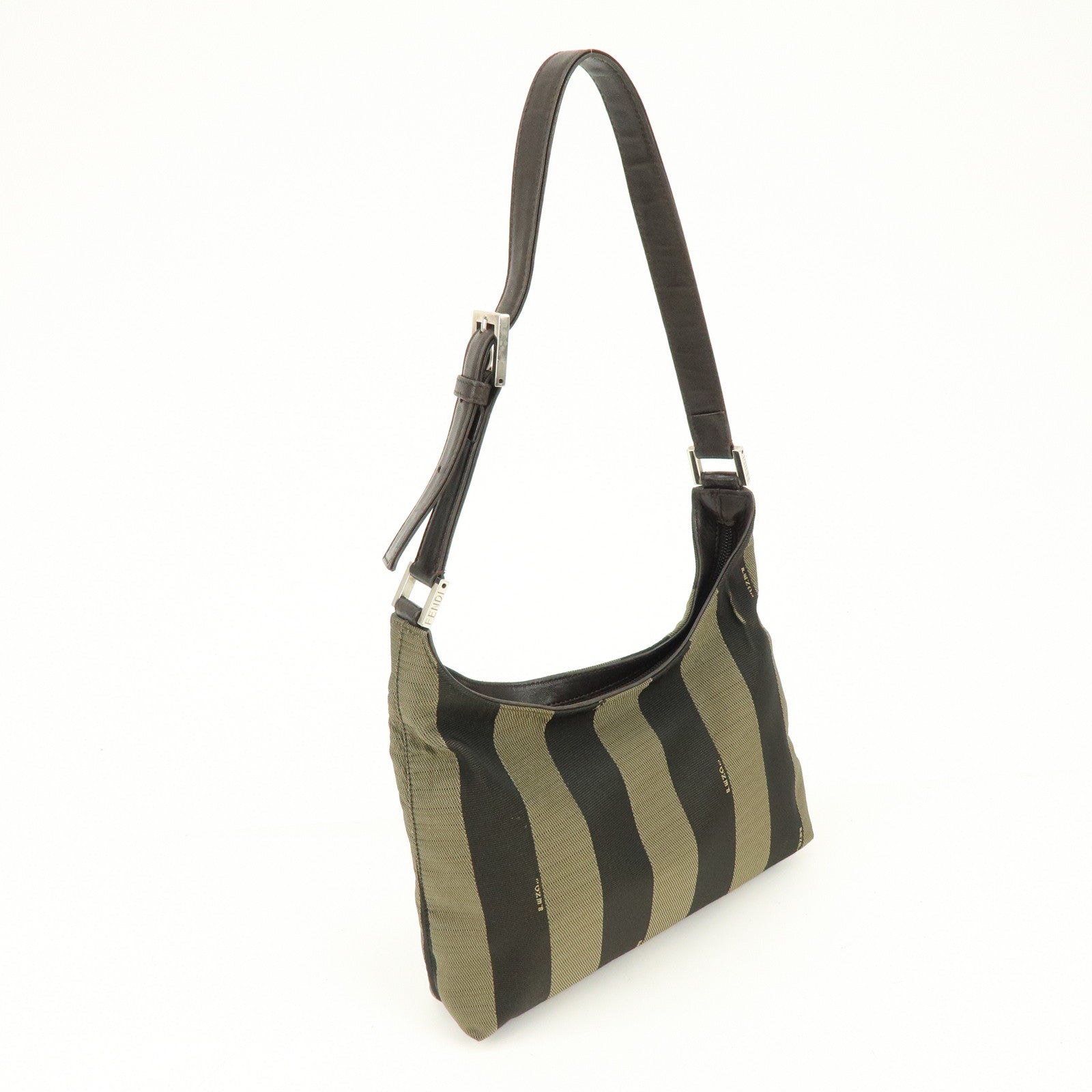 FENDI Pequin Canvas Leather Shoulder Hand Bag Khaki Black 26709