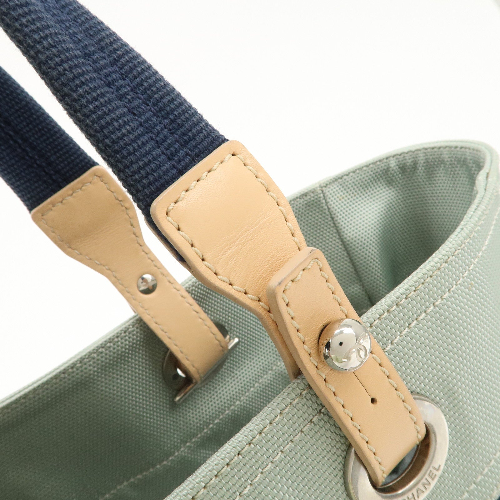 CHANEL Paris Biarritz Canvas Leather Tote Bag MM Navy A43209 Used