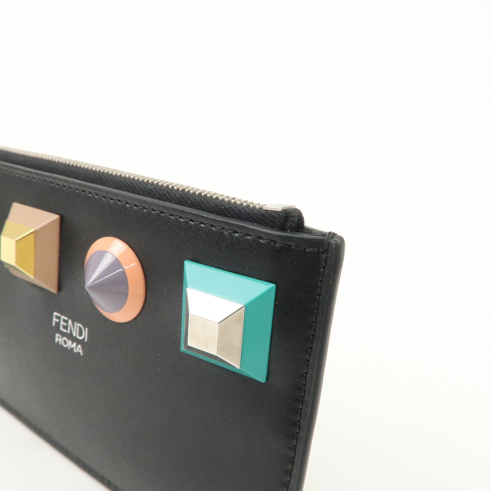 FENDI Logo Leather Studs Coin Purse Coin Case Black 8AP151 Used