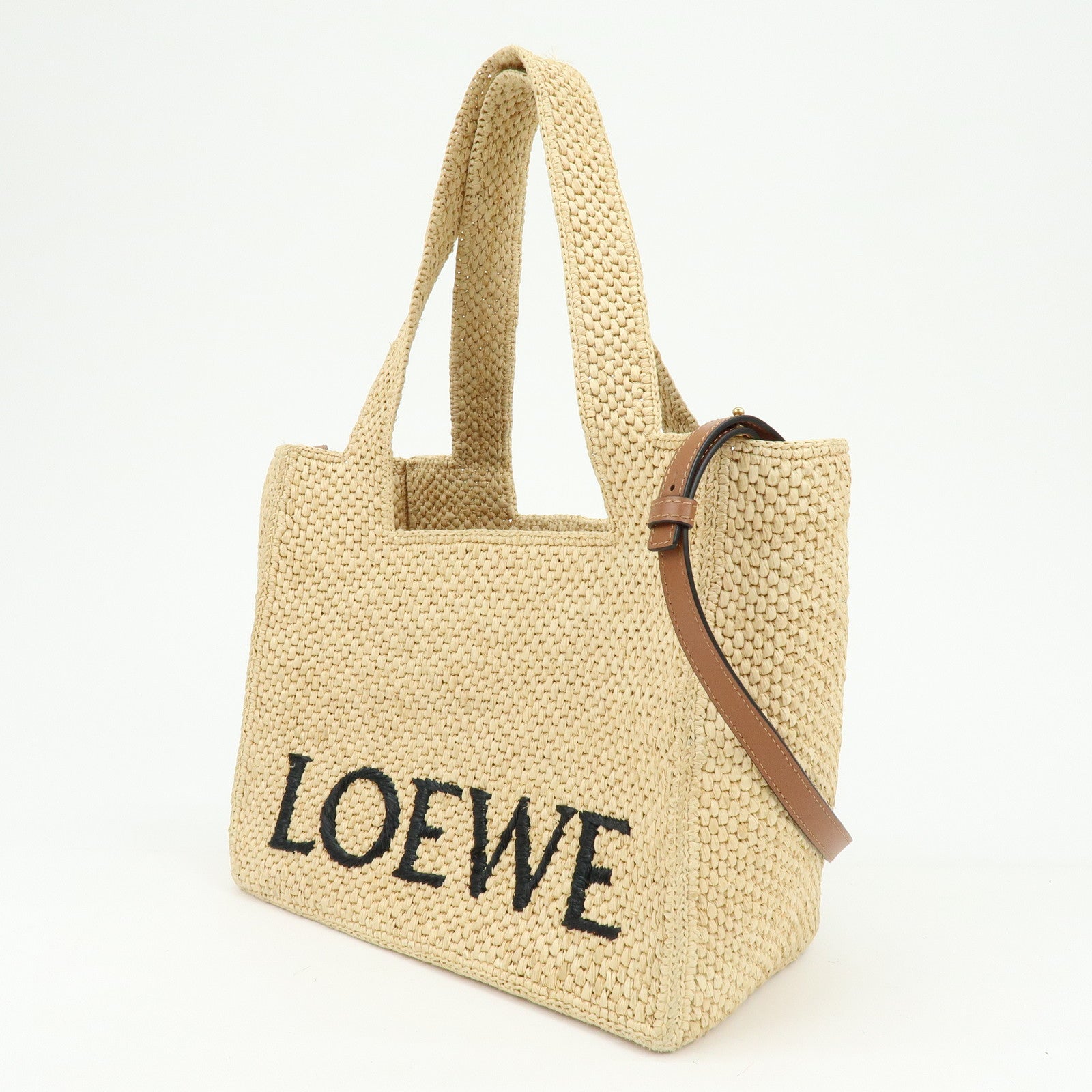 LOEWE Font Tote Raffia Leather 2Way Bag Tote Bag Shoulder Bag Beige