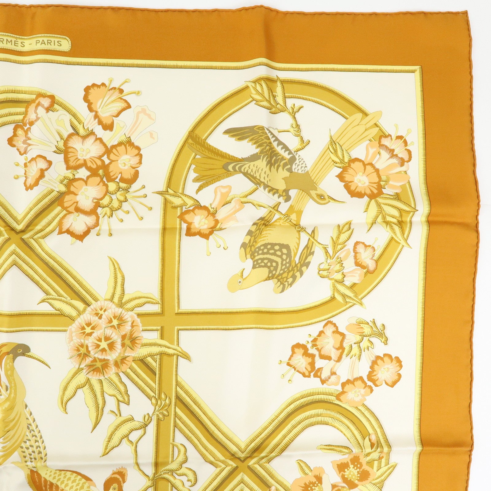 HERMES Carre Silk 100% Scarf Caraibes Oiseaux Light Brown
