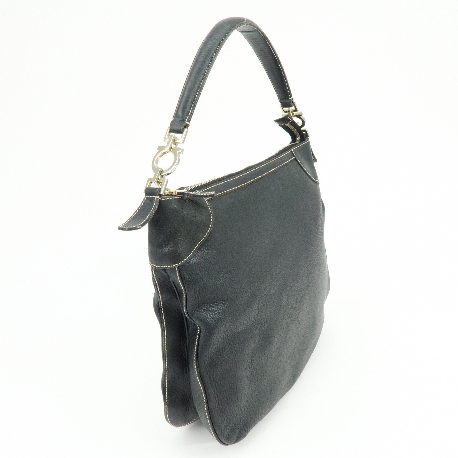 Ferragamo Gancini Leather Shoulder Bag Hand Bag Black