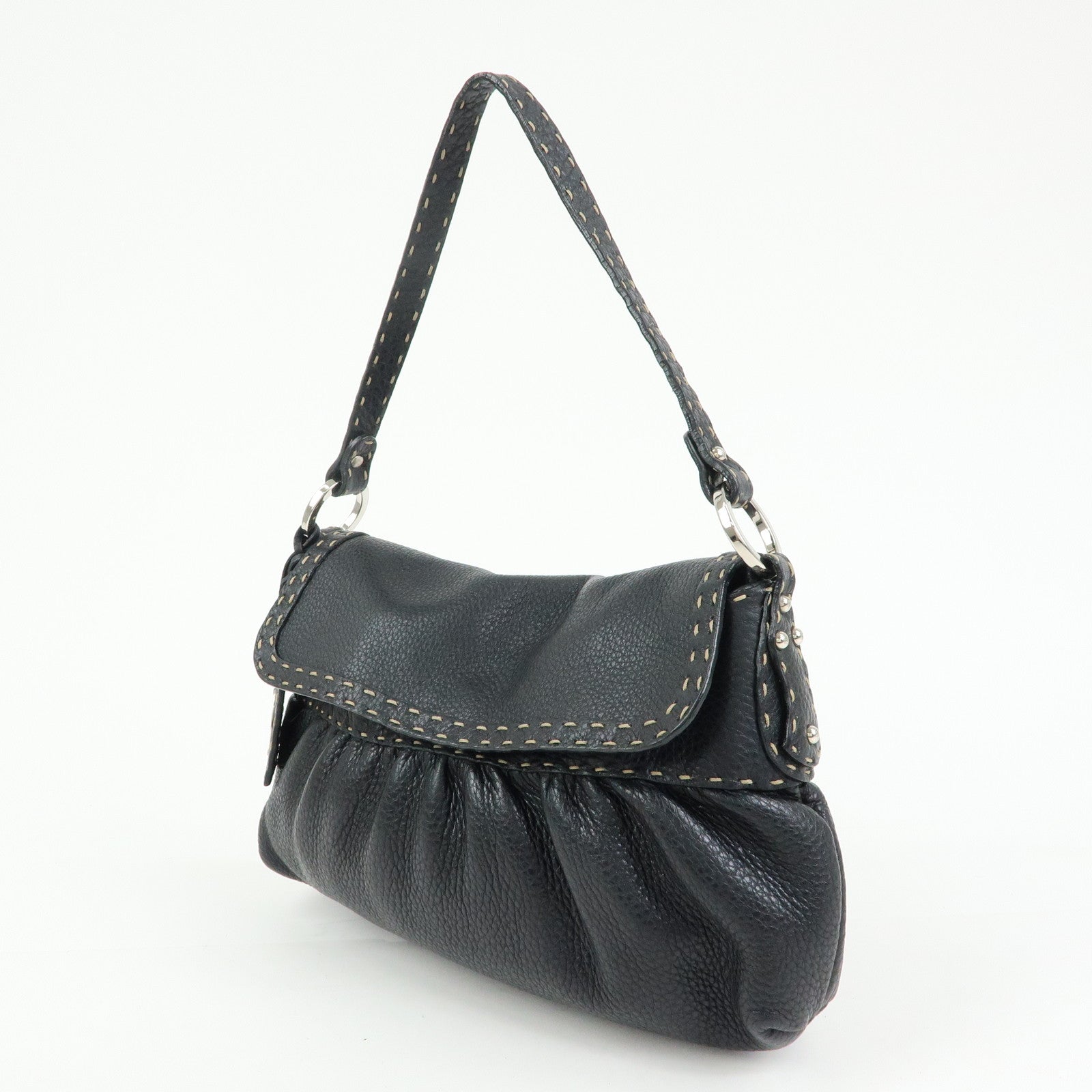 FENDI Selleria Leather Shoulder Bag Hand Bag Black 8BR356