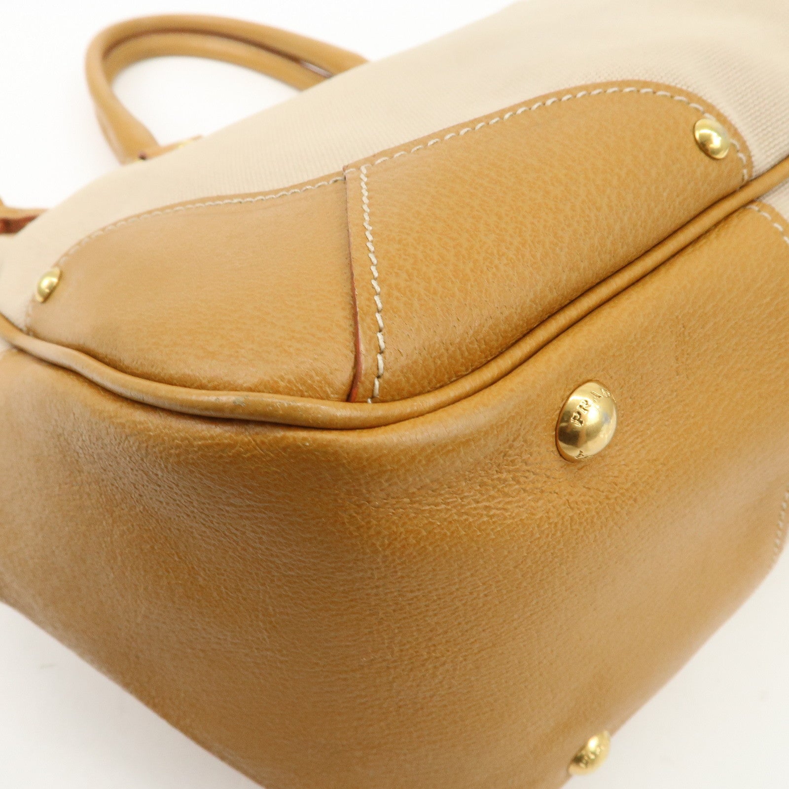 PRADA Triangle Logo Leather Canvas 2 Way Tote Bag Beige Brown