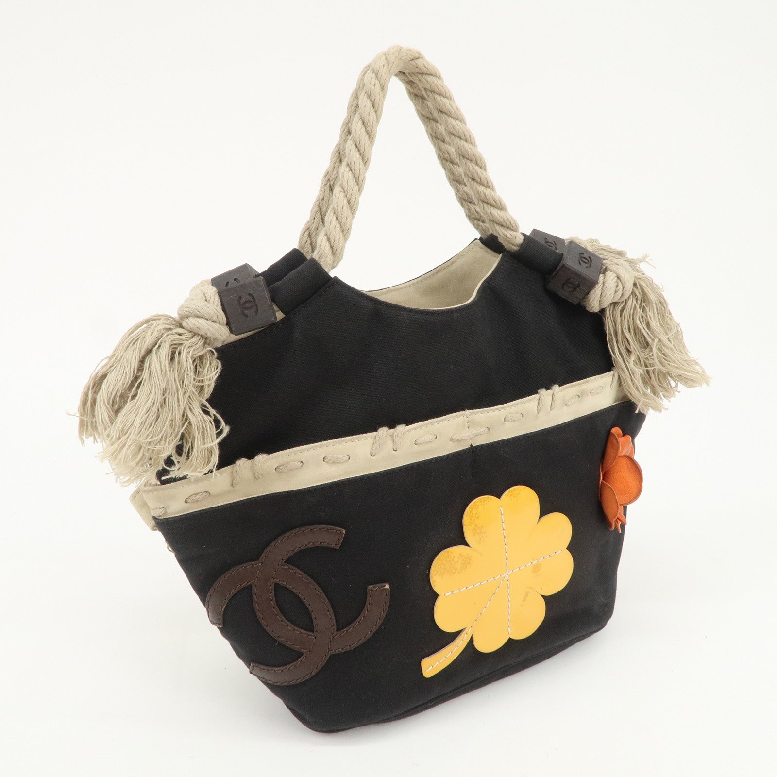 CHANEL COCO Mark Canvas Patent Leather Hand Bag Black Yellow