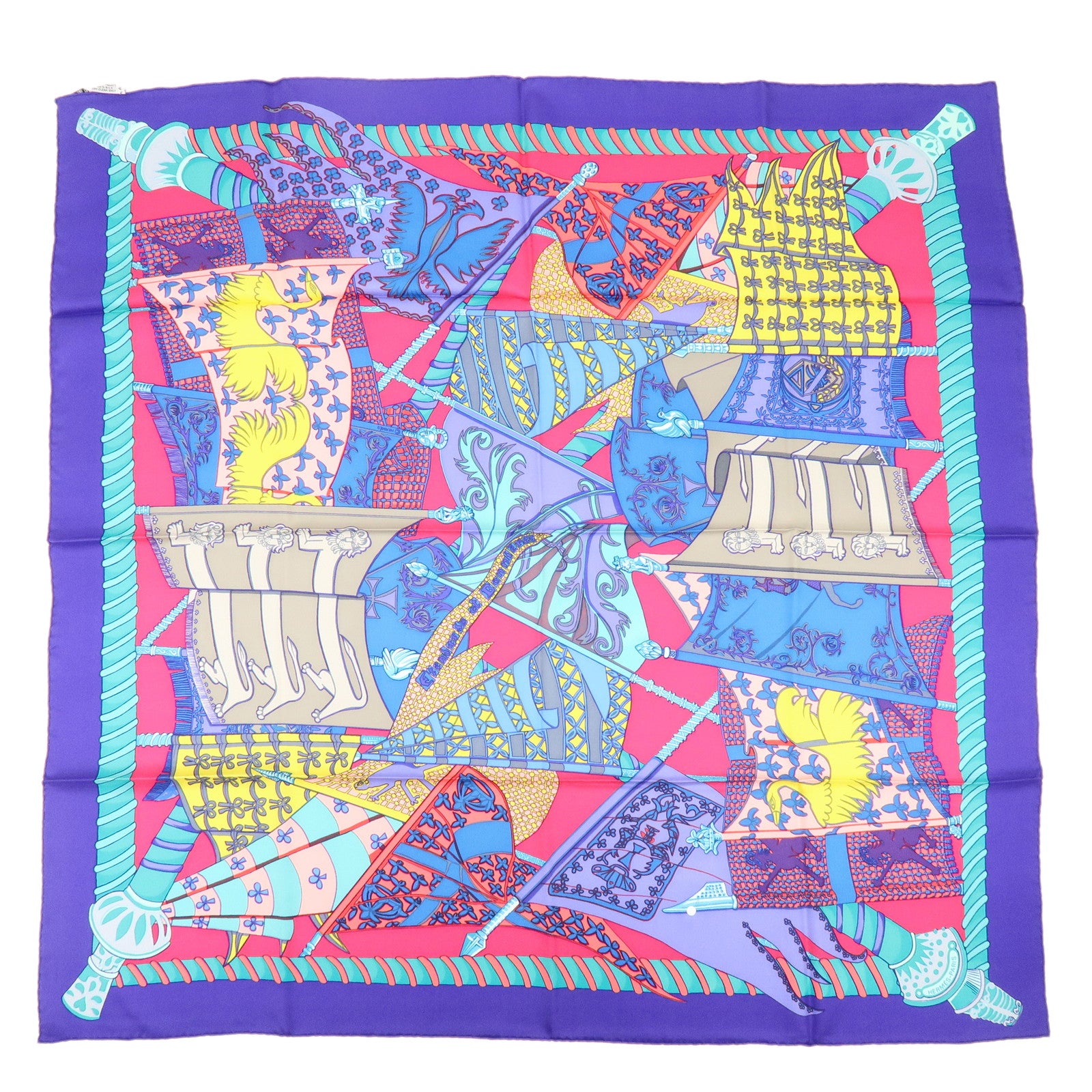 HERMES Carre 90 Silk 100% Etendards et Bonnieres Scarf Purple Blue