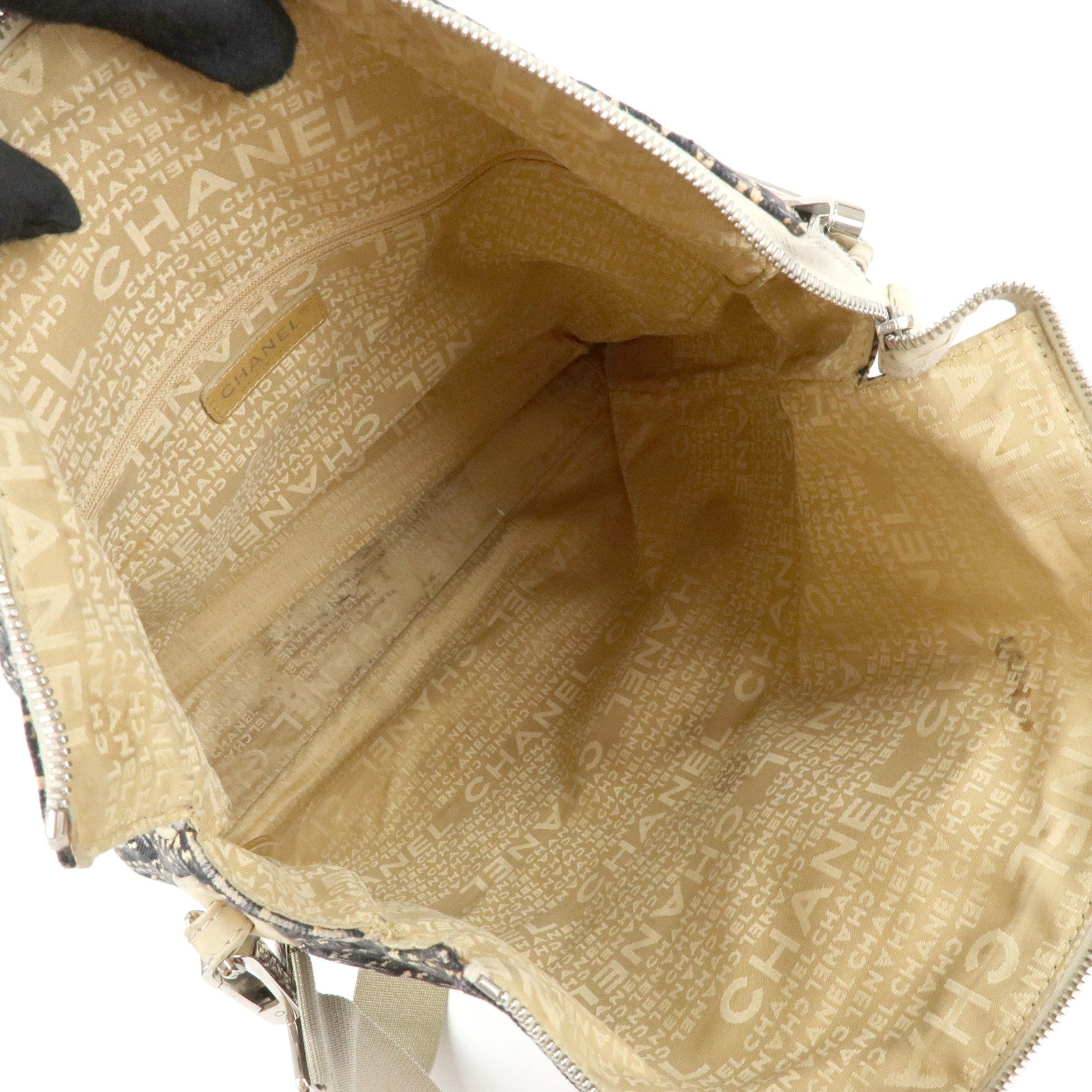 CHANEL Canvas Leather 2Way Bag Hand Bag Shoulder Bag Black Ivory