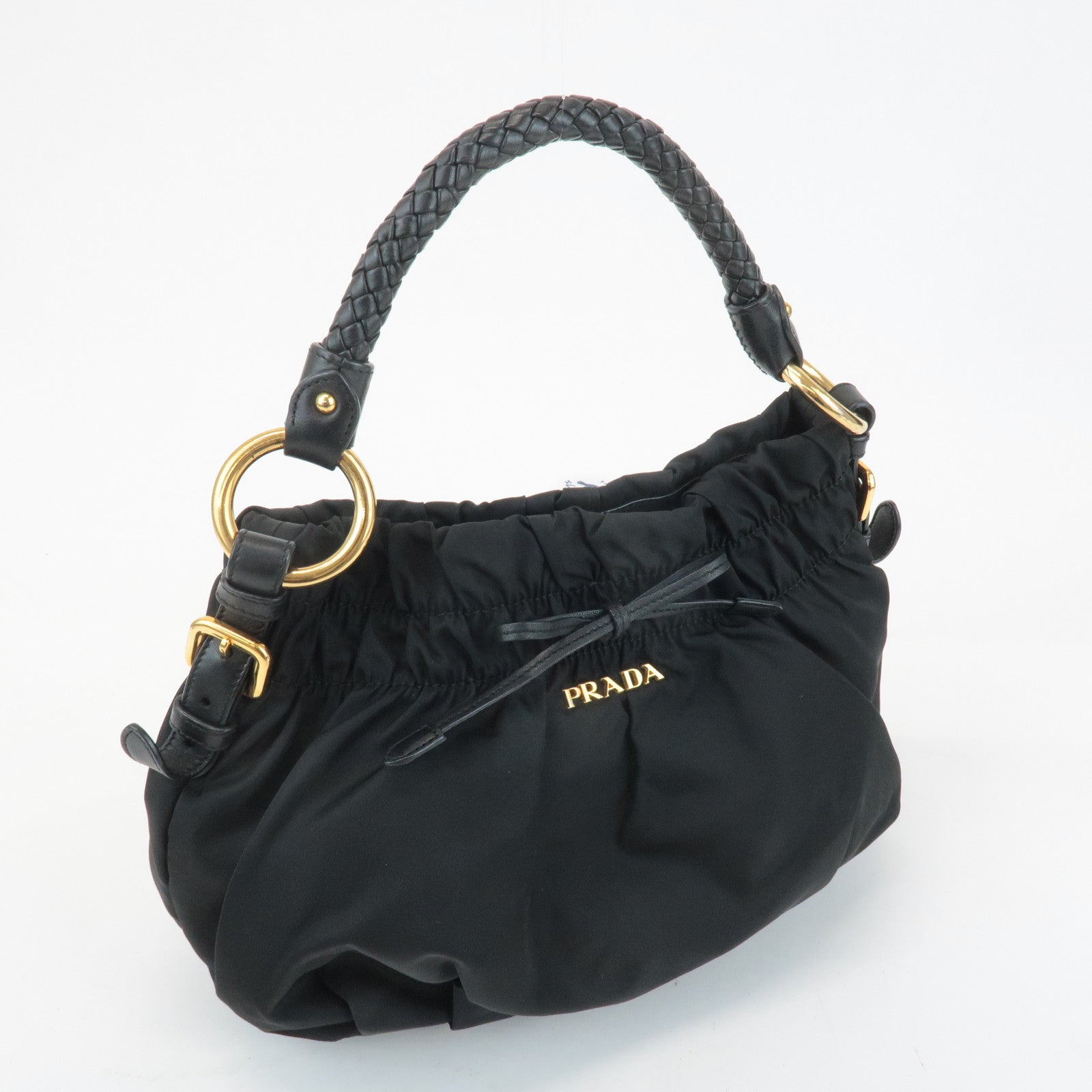 PRADA Ribbon Leather Nylon Shoulder Bag Hand Bag Black