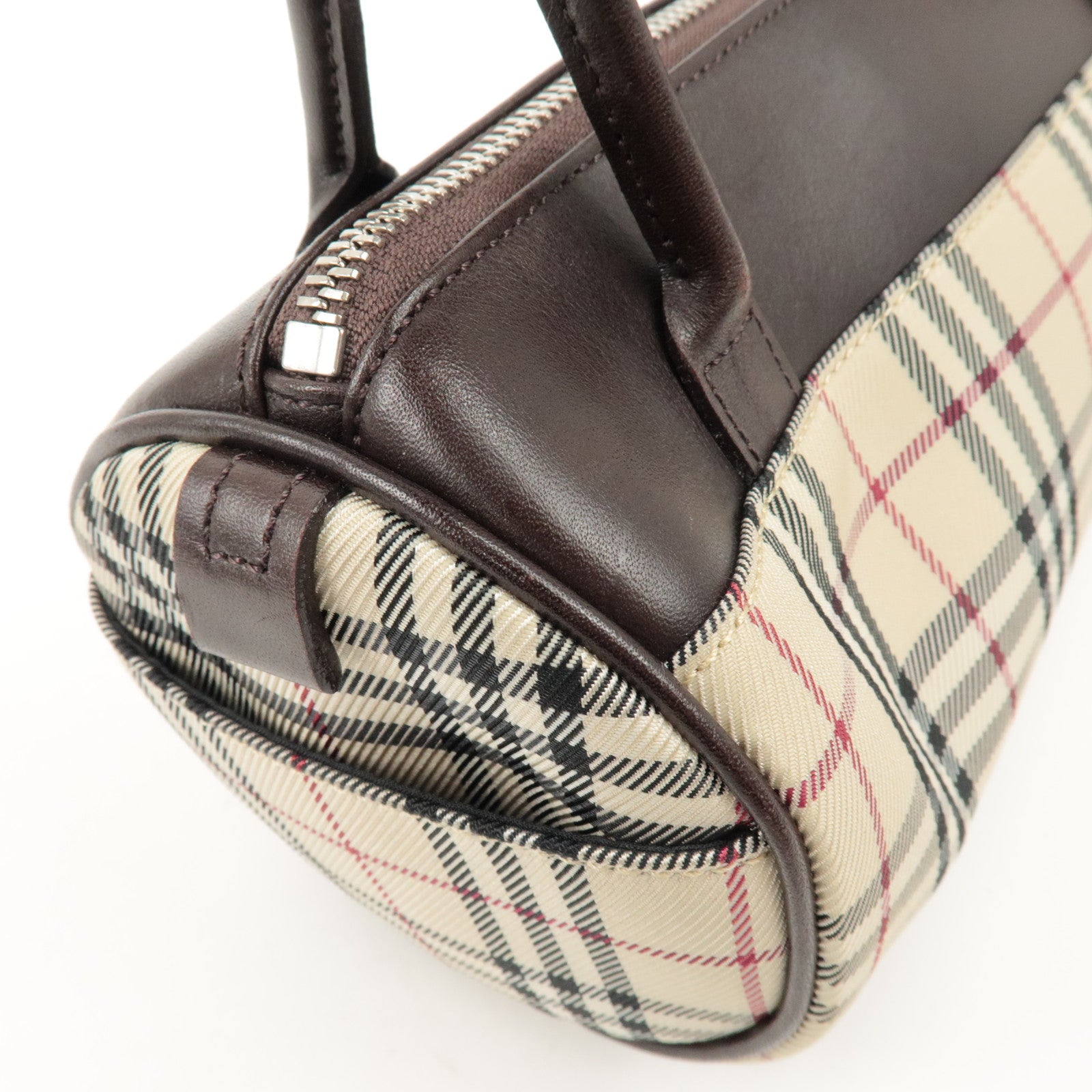 BURBERRY Leather Canvas Hand Bag Nova Plaid Beige Brown Used