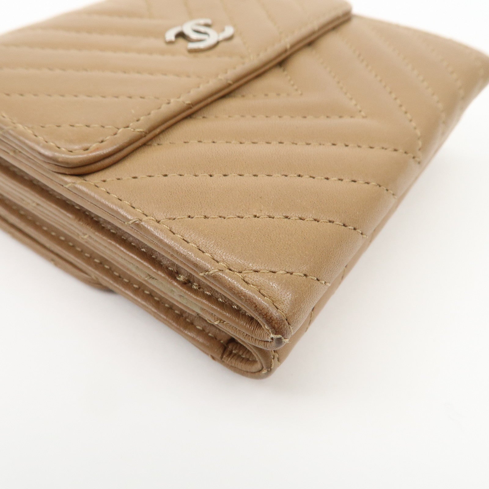 CHANEL Matelasse V Stitch Leather Tri-Fold Wallet Brown A34281