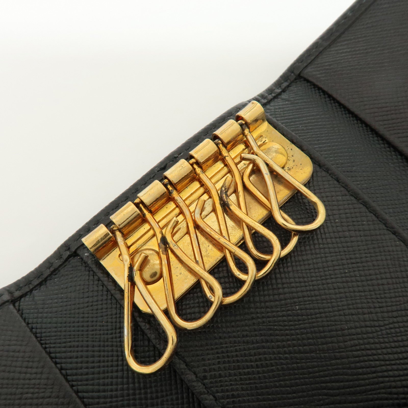 PRADA Triangle Logo Saffiano Leather 6 Rings Key Case Black 1M0222