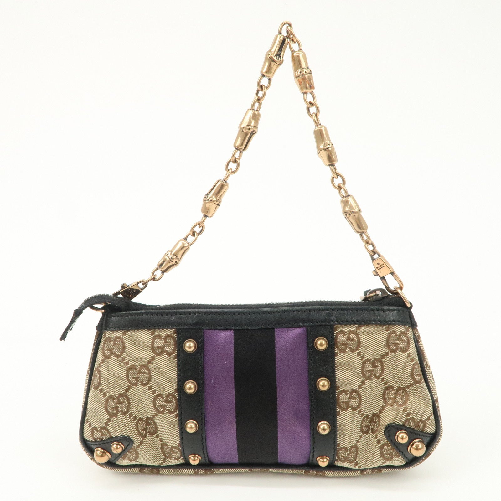 GUCCI Sherry Bamboo GG Canvas Leather Chain Bag Black Purple 129423 Used