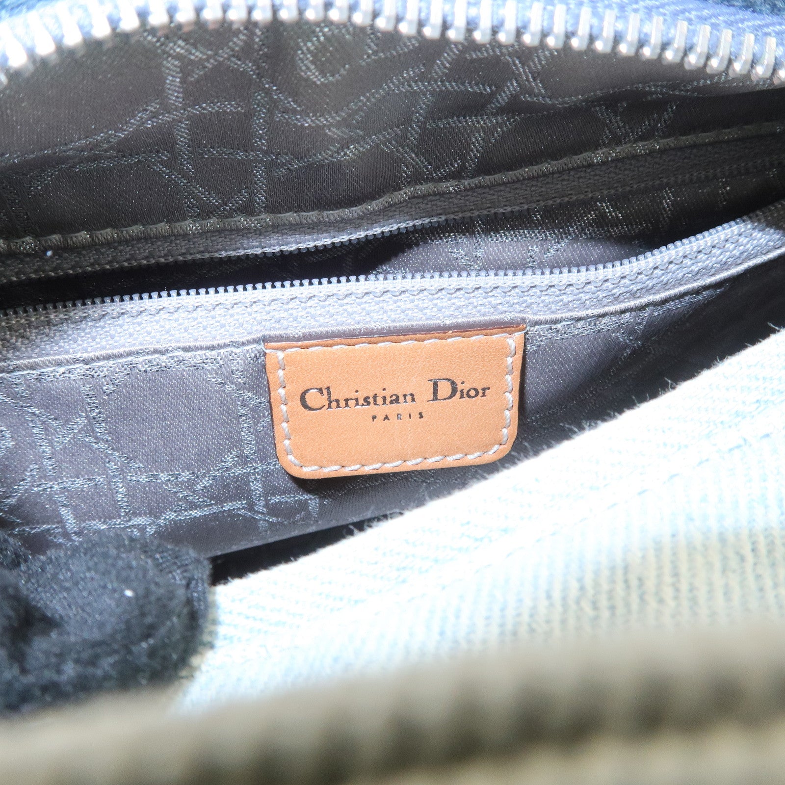 Christian Dior Cannage Leather Denim 2 Way Tote Bag Studs Beige Blue