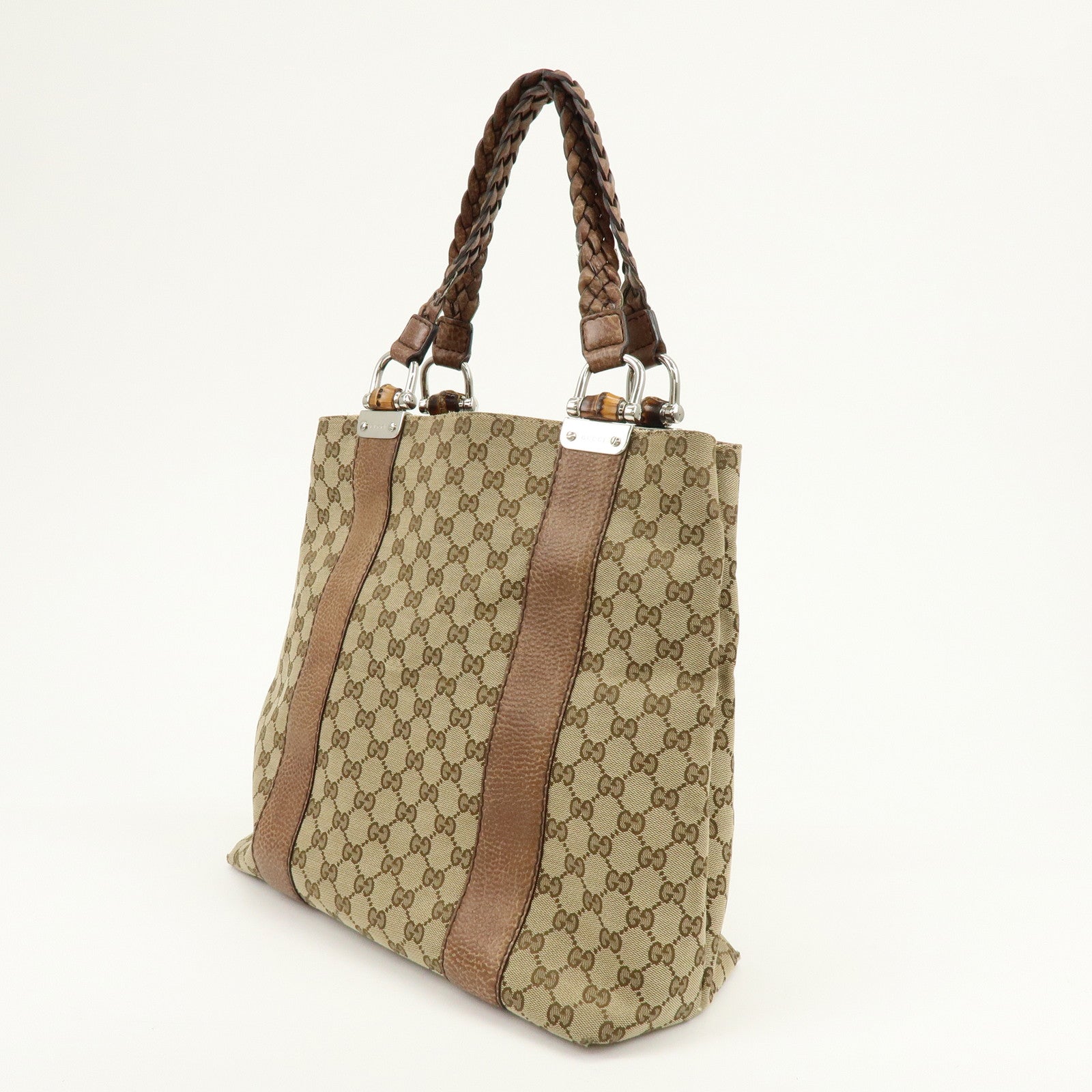 GUCCI Bamboo GG Canvas Leather Tote Bag Shoulder Bag Beige 232946
