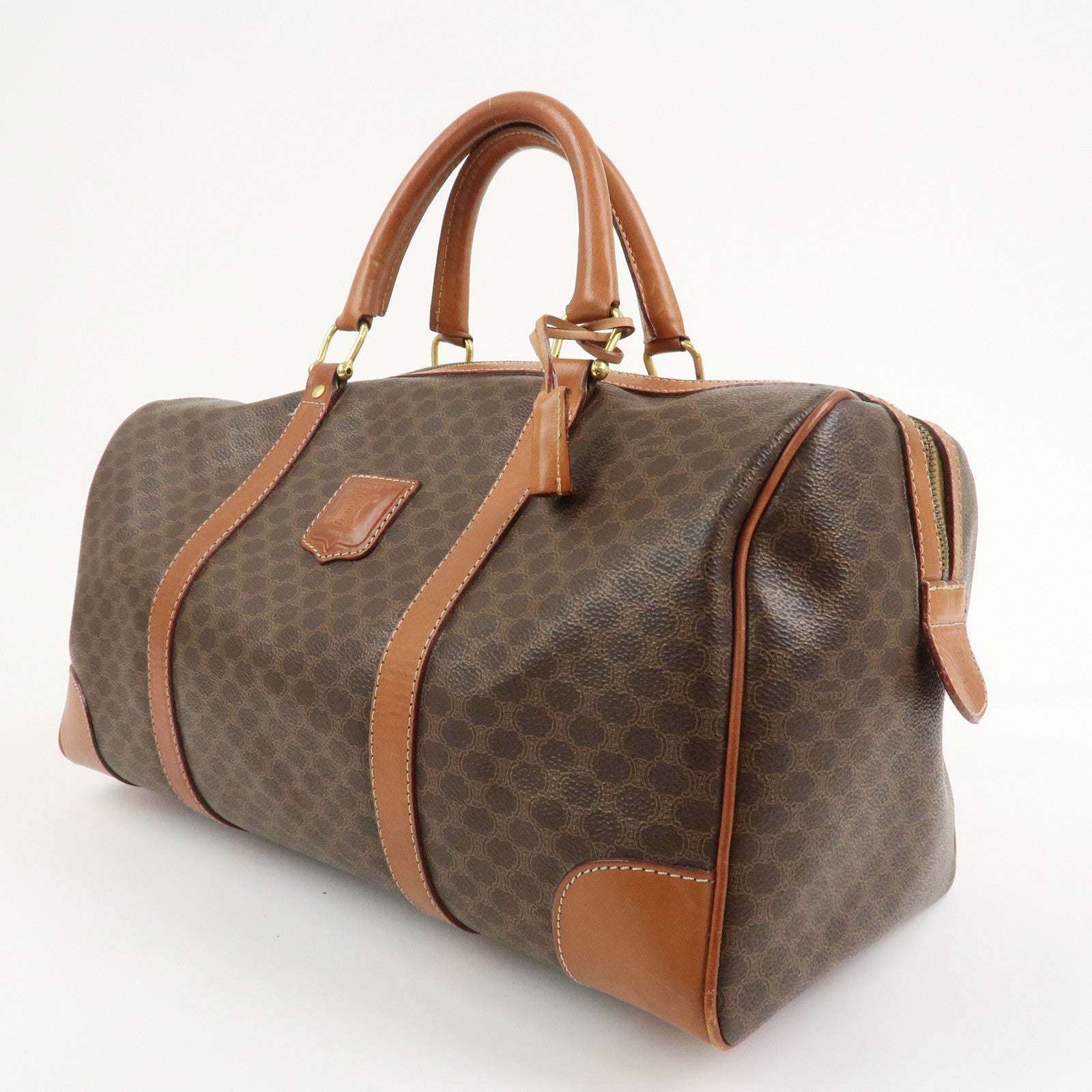 CELINE Macadam PVC Canvas Leather Boston Bag Hand Bag Brown