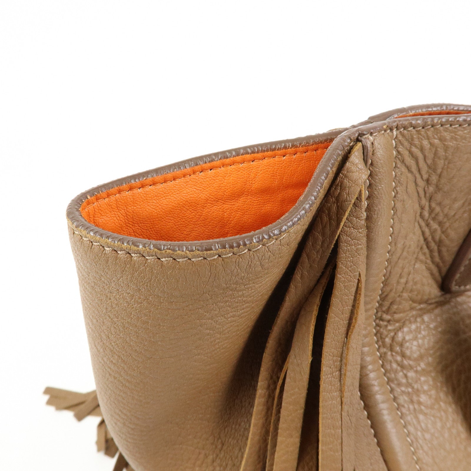PRADA Leather Fringe Tote Bag Hand Bag Camel Orange