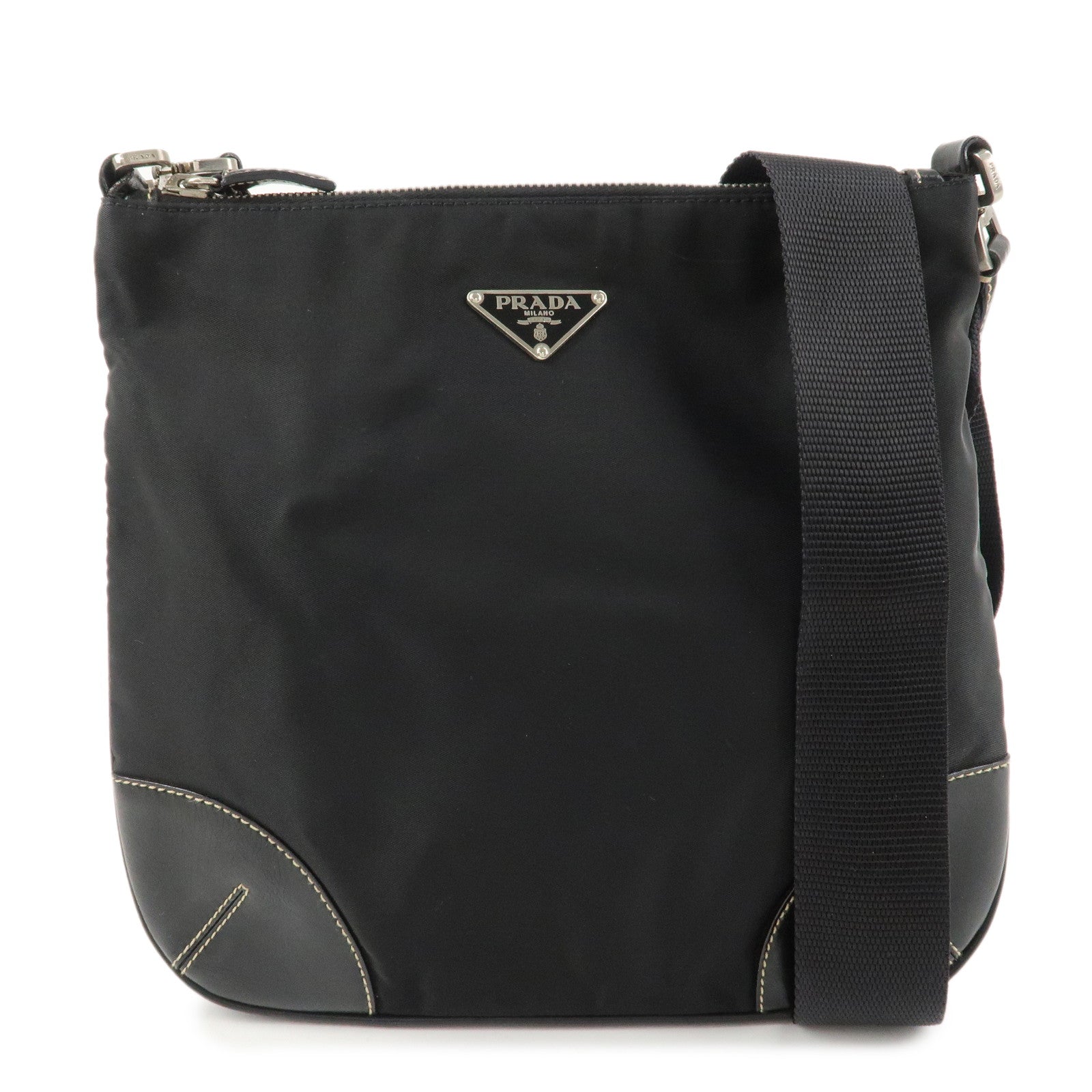 PRADA Triangle Logo Leather Nylon Shoulder Bag Crossbody Bag Black Used