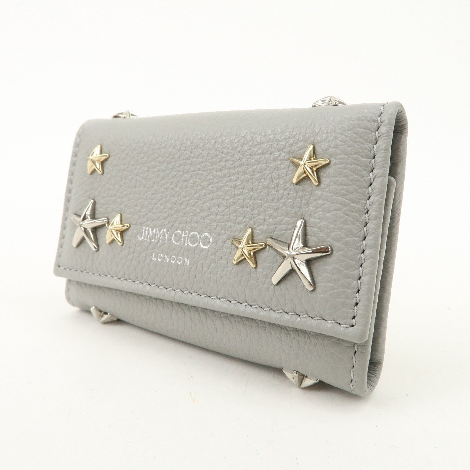 JIMMY CHOO Neptune Leather Studs Key Case Gray Silver Gold 101953 Used