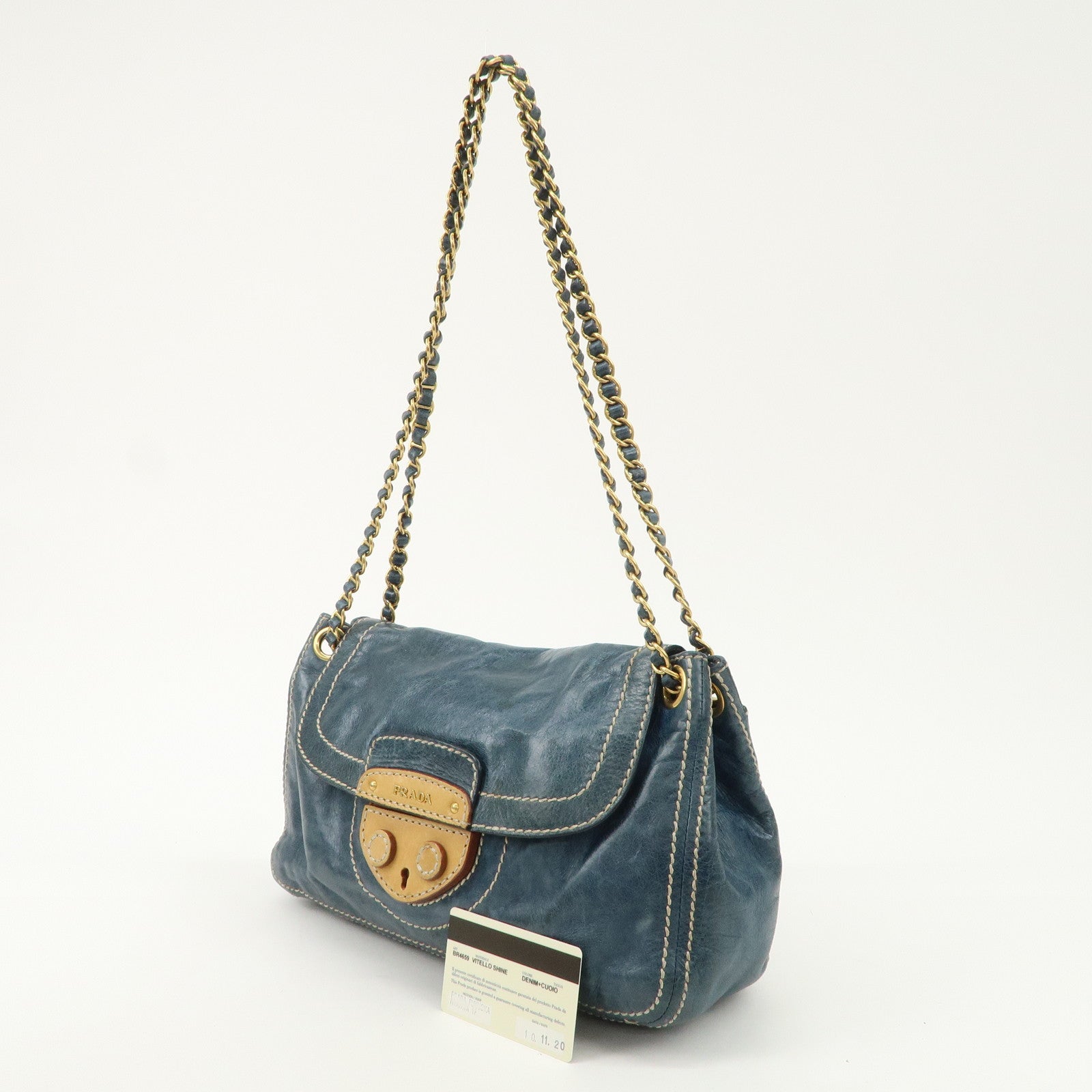 PRADA Leather Chain Shoulder Bag Blue Gold Hardware BR4659 Used