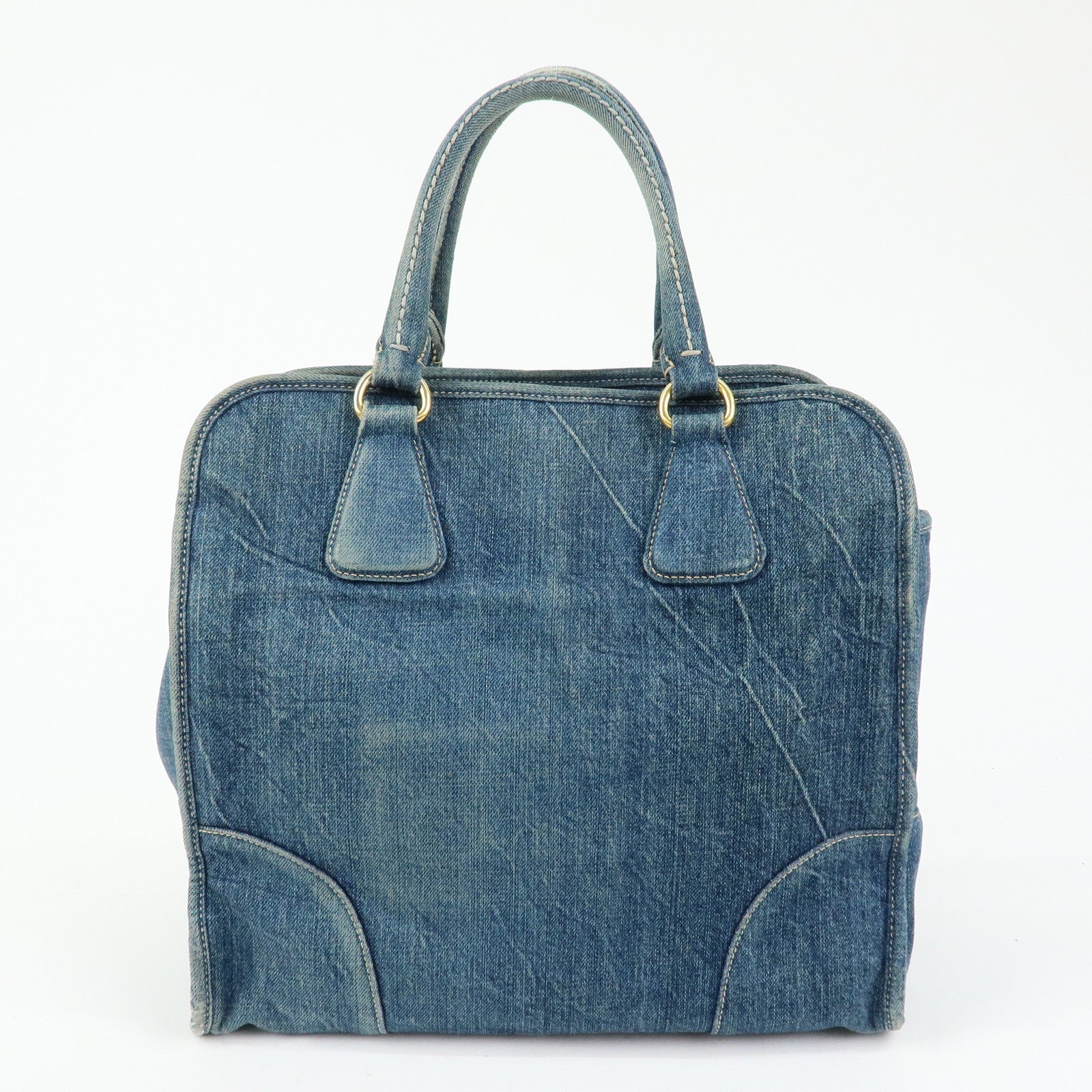 PRADA Triangle Logo Denim Tote Bag Hand Bag Blue BN2254