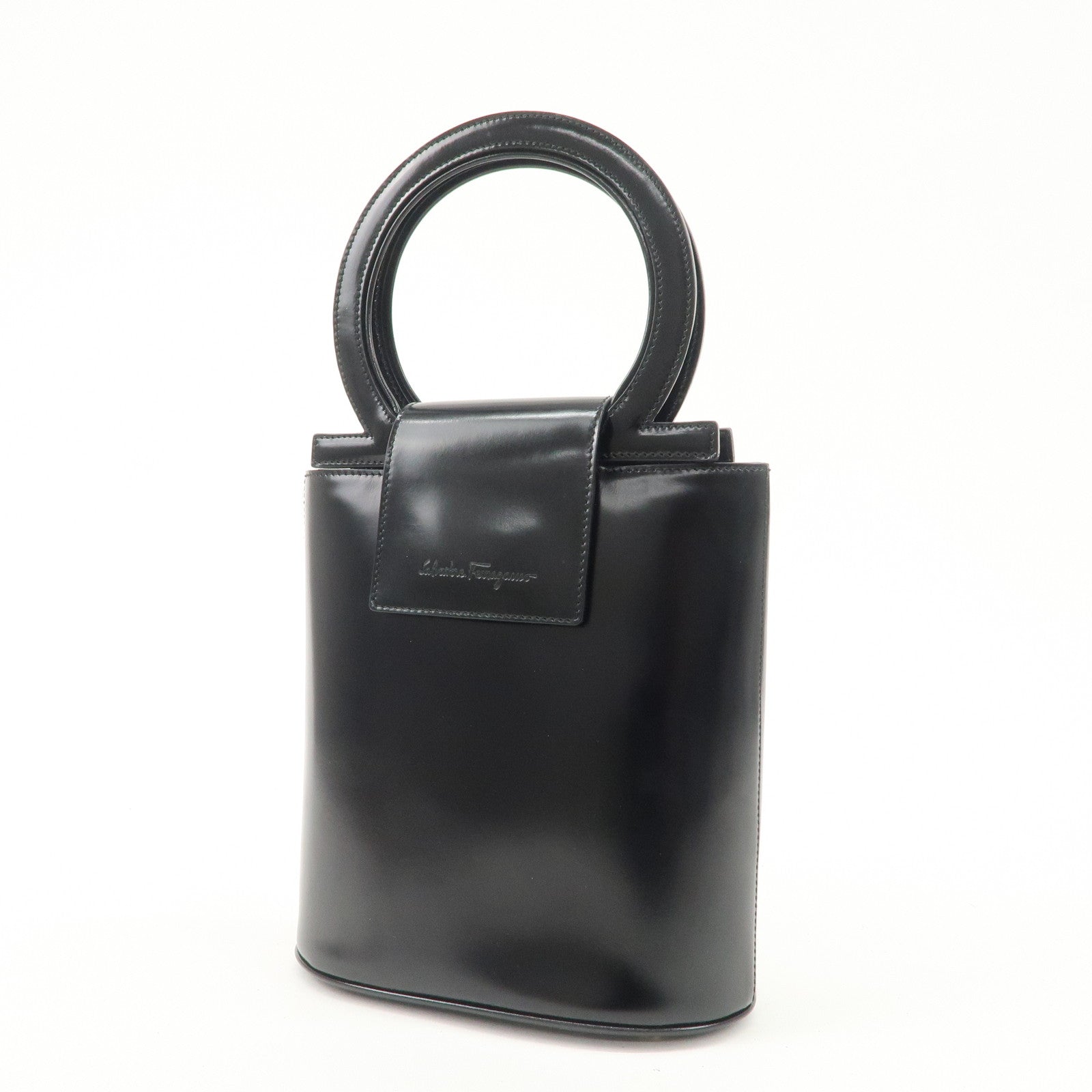 Ferragamo Gancini Leather Hand Bag Black Gold Hardware Used