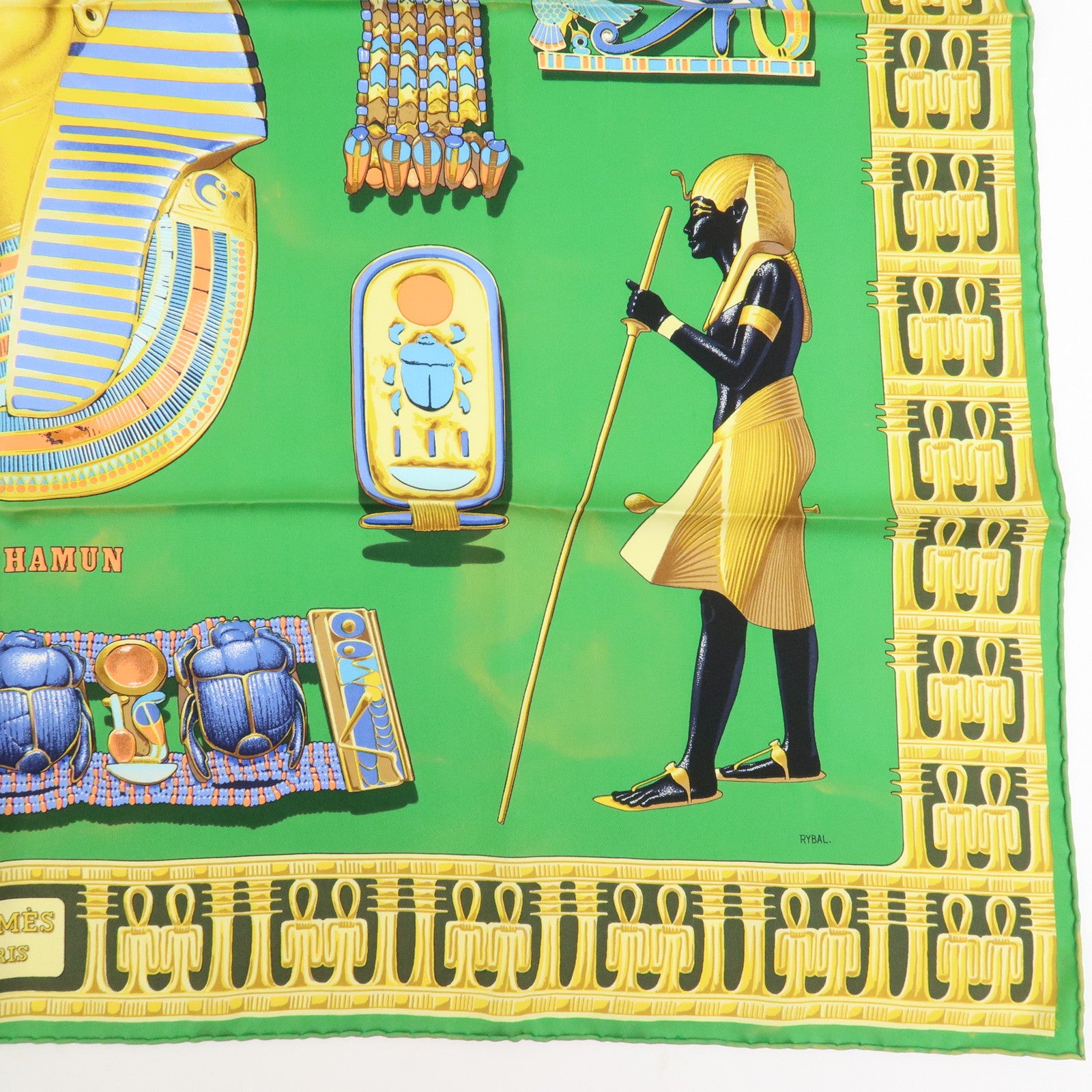 HERMES Carre 90 Silk 100% Scarf TUTANKHAMUN Green Gold